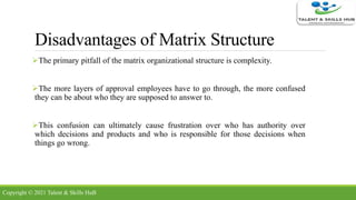 Disadvantages of Matrix Structure
The primary pitfall of the matrix organizational structure is complexity.
The more layers of approval employees have to go through, the more confused
they can be about who they are supposed to answer to.
This confusion can ultimately cause frustration over who has authority over
which decisions and products and who is responsible for those decisions when
things go wrong.
Copyright © 2021 Talent & Skills HuB
 