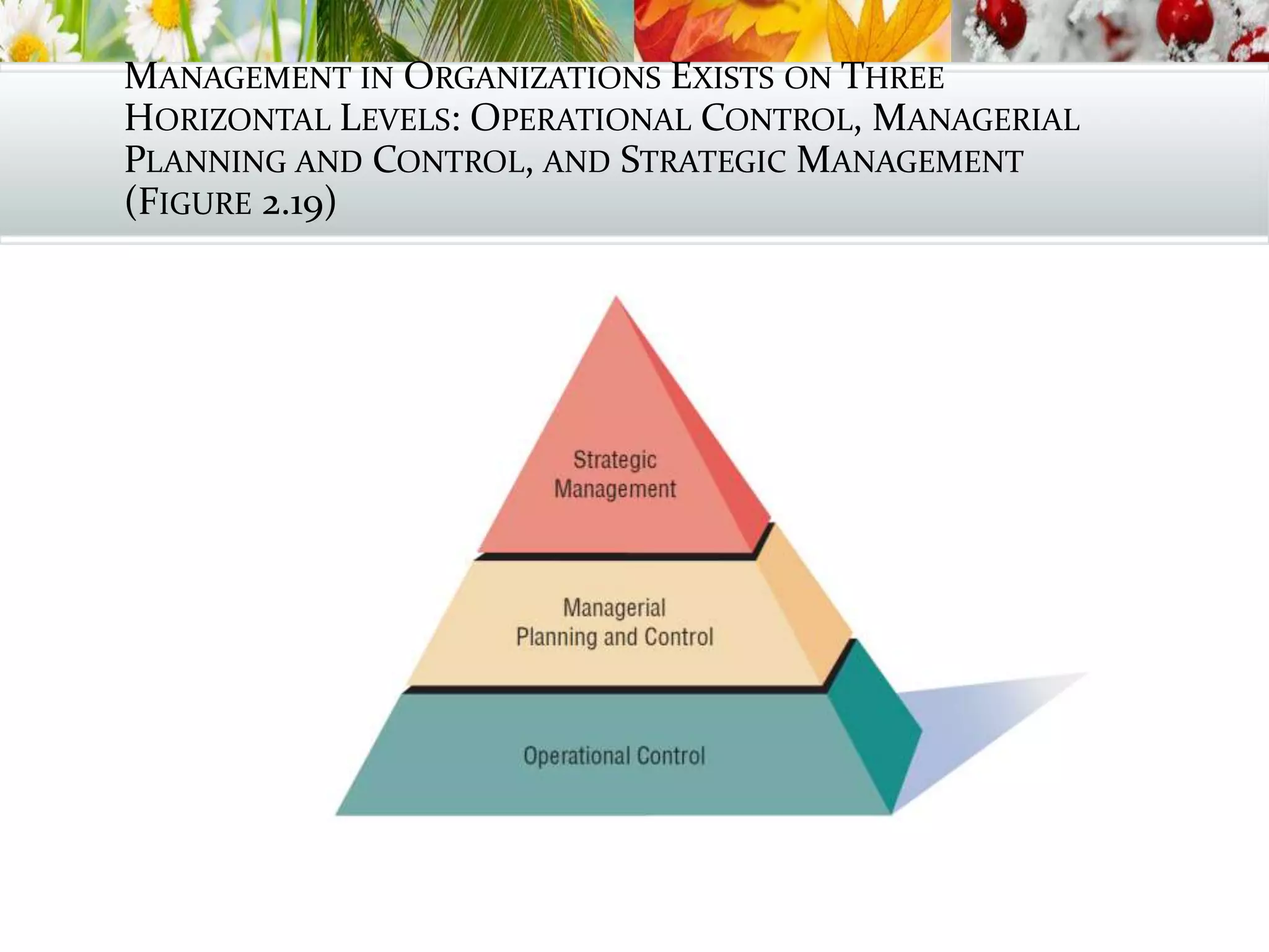 MANAGEMENT IN ORGANIZATIONS EXISTS ON THREE
HORIZONTAL LEVELS: OPERATIONAL CONTROL, MANAGERIAL
PLANNING AND CONTROL, AND STRATEGIC MANAGEMENT
(FIGURE 2.19)
 