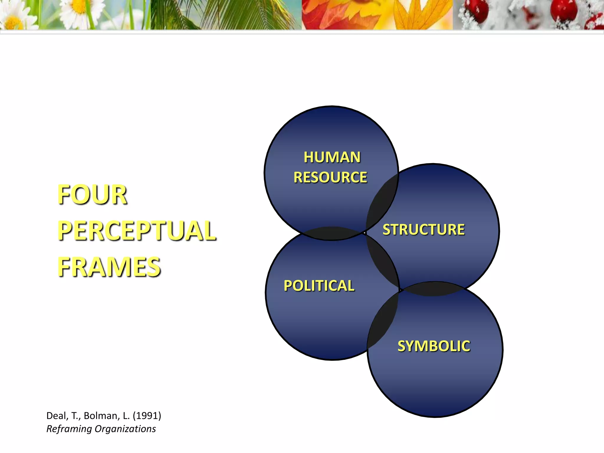 STRUCTURE
HUMAN
RESOURCE
POLITICAL
SYMBOLIC
Deal, T., Bolman, L. (1991)
Reframing Organizations
FOUR
PERCEPTUAL
FRAMES
 