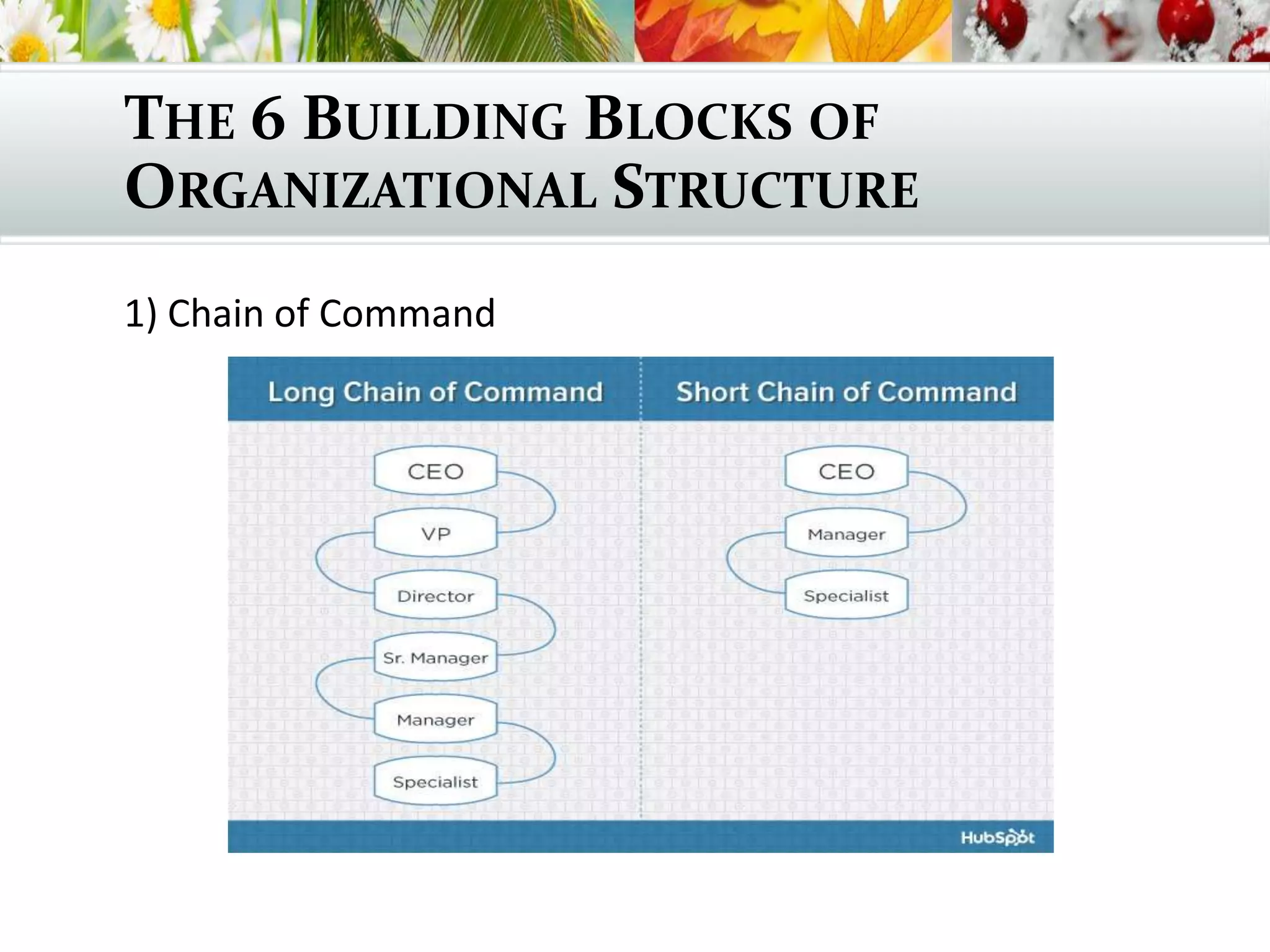 THE 6 BUILDING BLOCKS OF
ORGANIZATIONAL STRUCTURE
1) Chain of Command
 