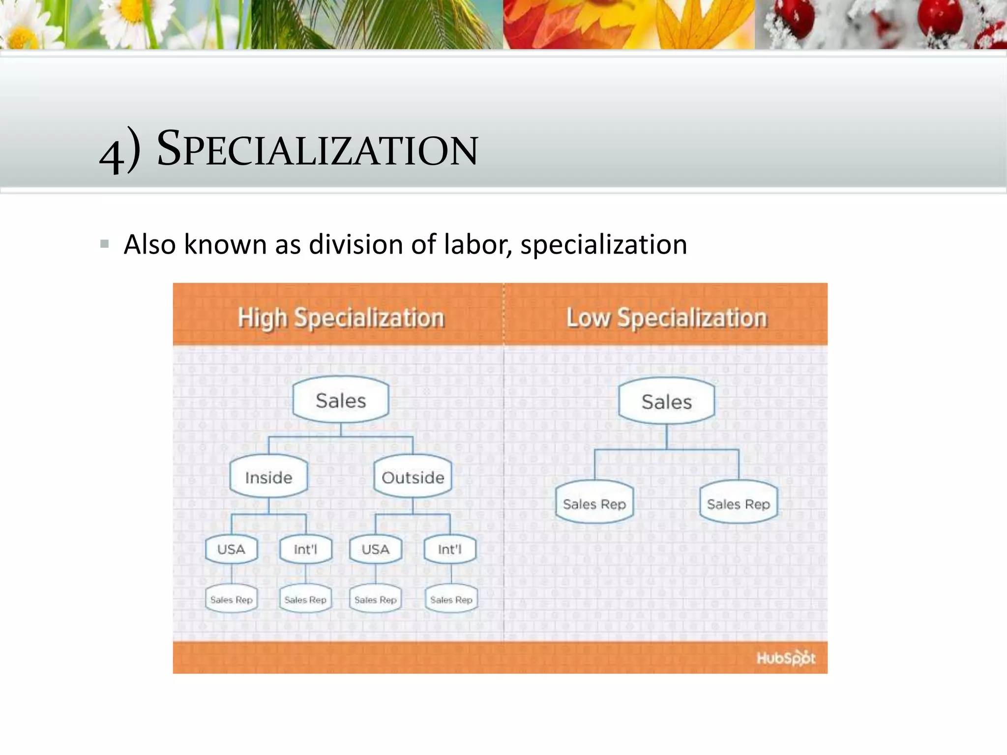 4) SPECIALIZATION
 Also known as division of labor, specialization
 