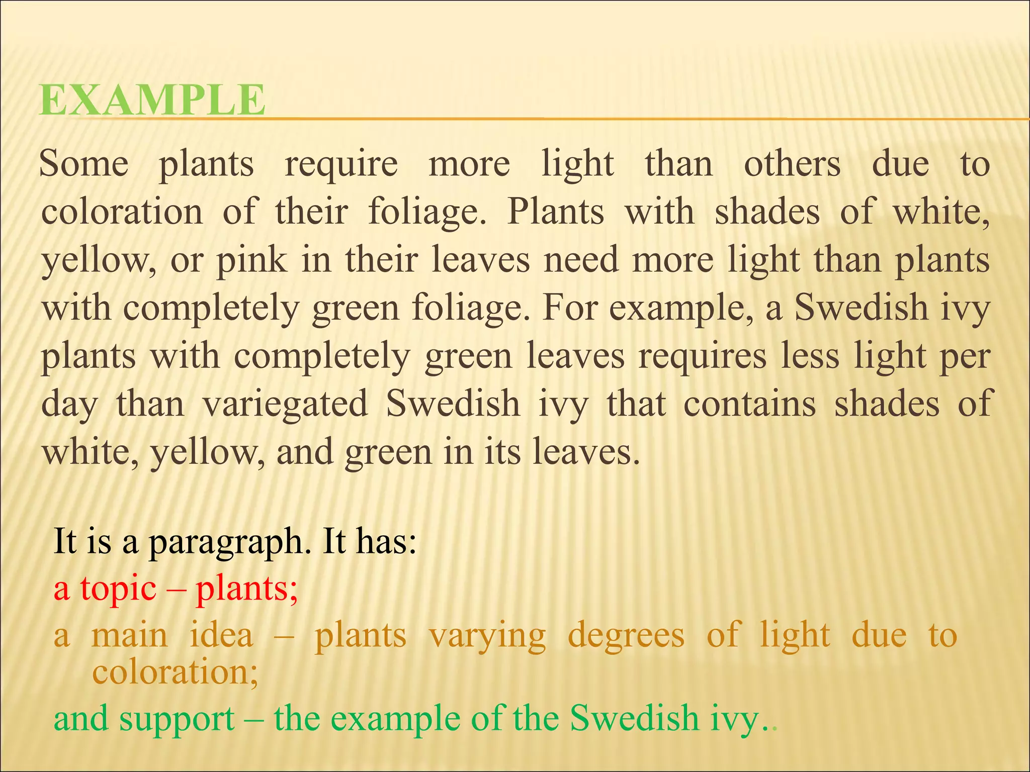 EXAMPLE
Some plants require more light than others due to
coloration of their foliage. Plants with shades of white,
yellow, or pink in their leaves need more light than plants
with completely green foliage. For example, a Swedish ivy
plants with completely green leaves requires less light per
day than variegated Swedish ivy that contains shades of
white, yellow, and green in its leaves.
It is a paragraph. It has:
a topic – plants;
a main idea – plants varying degrees of light due to
coloration;
and support – the example of the Swedish ivy..
 
