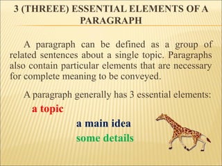  a topic is the one thing the paragraph
is about.
 a main idea is what the author wants
to communicate about the topic.
...