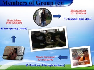 Henni Juliana
201212500823
(E. Recognizing Details)
Wawan Kurniawan
201212500789
(D. Positions of the topic sentence)
Soraya Annisa
201212500814
(F. Unstated Main Ideas)
 