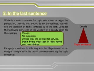 While it is most common for topic sentences to begin the
paragraph, they do not always do so. Sometimes, you will
see the position of topic sentence is in the last. Consider
the following sign, seen in the window of a beauty salon for
the example:
Paragraphs written in this way can be diagrammed as an
upright triangle, with the broad base representing the topic
sentence:
Please,
No exception.
Unless they are booked for service.
Don’t bring your pet in this room
and no children
Details
Topic sentence
 
