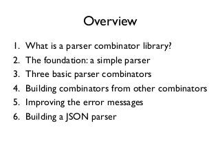 Overview
1. What is a parser combinator library?
2. The foundation: a simple parser
3. Three basic parser combinators
4. B...
