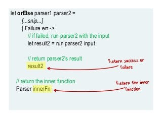 let orElse parser1 parser2 =
[...snip...]
| Failure err ->
// if failed, run parser2 with the input
let result2 = run pars...
