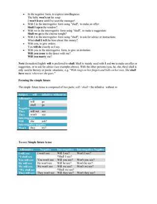  In the negative form, to express unwillingness:
The baby won't eat his soup.
I won't leave until I've seen the manager!
 With I in the interrogative form using "shall", to make an offer:
Shall I open the window?
 With we in the interrogative form using "shall", to make a suggestion:
Shall we go to the cinema tonight?
 With I in the interrogative form using "shall", to ask for advice or instructions:
What shall I tell the boss about this money?
 With you, to give orders:
You will do exactly as I say.
 With you in the interrogative form, to give an invitation:
Will you come to the dance with me?
Will you marry me?
Note:In modern English will is preferred to shall. Shall is mainly used with I and we to make an offer or
suggestion, or to ask for advice (see examples above). With the other persons (you, he, she, they) shall is
only used in literary or poetic situations, e.g. "With rings on her fingers and bells on her toes, She shall
have music wherever she goes."
Forming the simple future
The simple future tense is composed of two parts: will / shall + the infinitive without to
Subject will infinitive without to
Affirmative
I will go
I shall go
Negative
They will not see
They won't see
Interrogative
Will she ask?
Interrogative negative
Won't they try?
To see:Simple future tense
Affirmative Negative Interrogative Interrogative Negative
I will see I won't see Will I see? Won't I see?
*I shall see *Shall I see?
You will see You won't see Will you see? Won't you see?
He will see He won't see Will he see? Won't he see?
We will see We won't see Will we see? Won't we see?
*We shall see *Shall we see?
They will see They won't see Will they see? Won't they see?
 