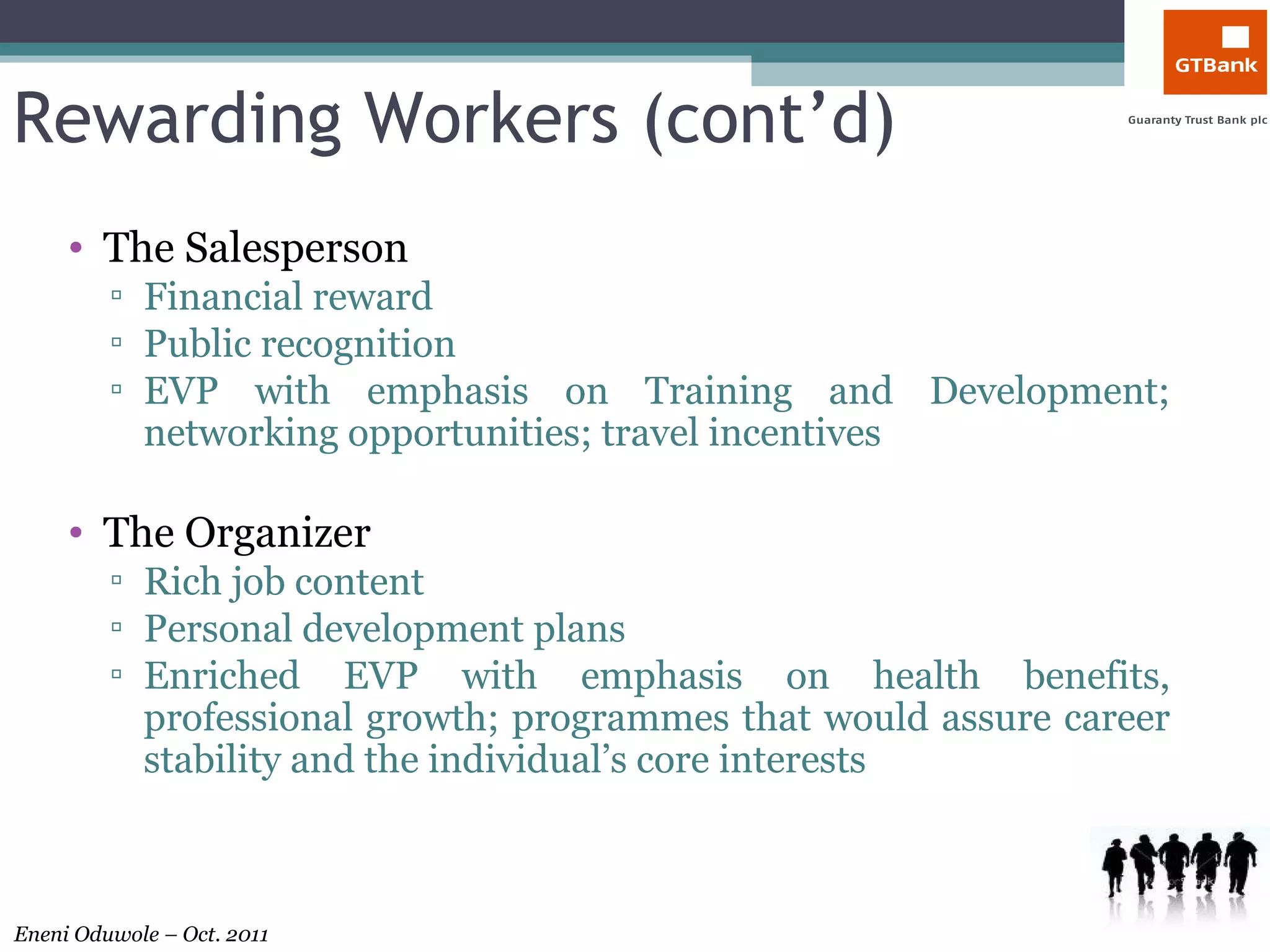 The Salesperson Financial reward Public recognition EVP with emphasis on Training and Development; networking opportunities; travel incentives The Organizer Rich job content Personal development plans Enriched EVP with emphasis on health benefits, professional growth; programmes that would assure career stability and the individual’s core interests Rewarding Workers (cont’d) 