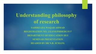 Understanding philosophy
of research
SAHIBZADA WAQAR AHMAD
REGISTRATION NO. 132-FSS/PHDEDU/F17
DEPARTMENT OF EDUCATION IIU...