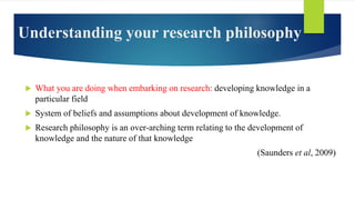 Understanding your research philosophy
 What you are doing when embarking on research: developing knowledge in a
particul...