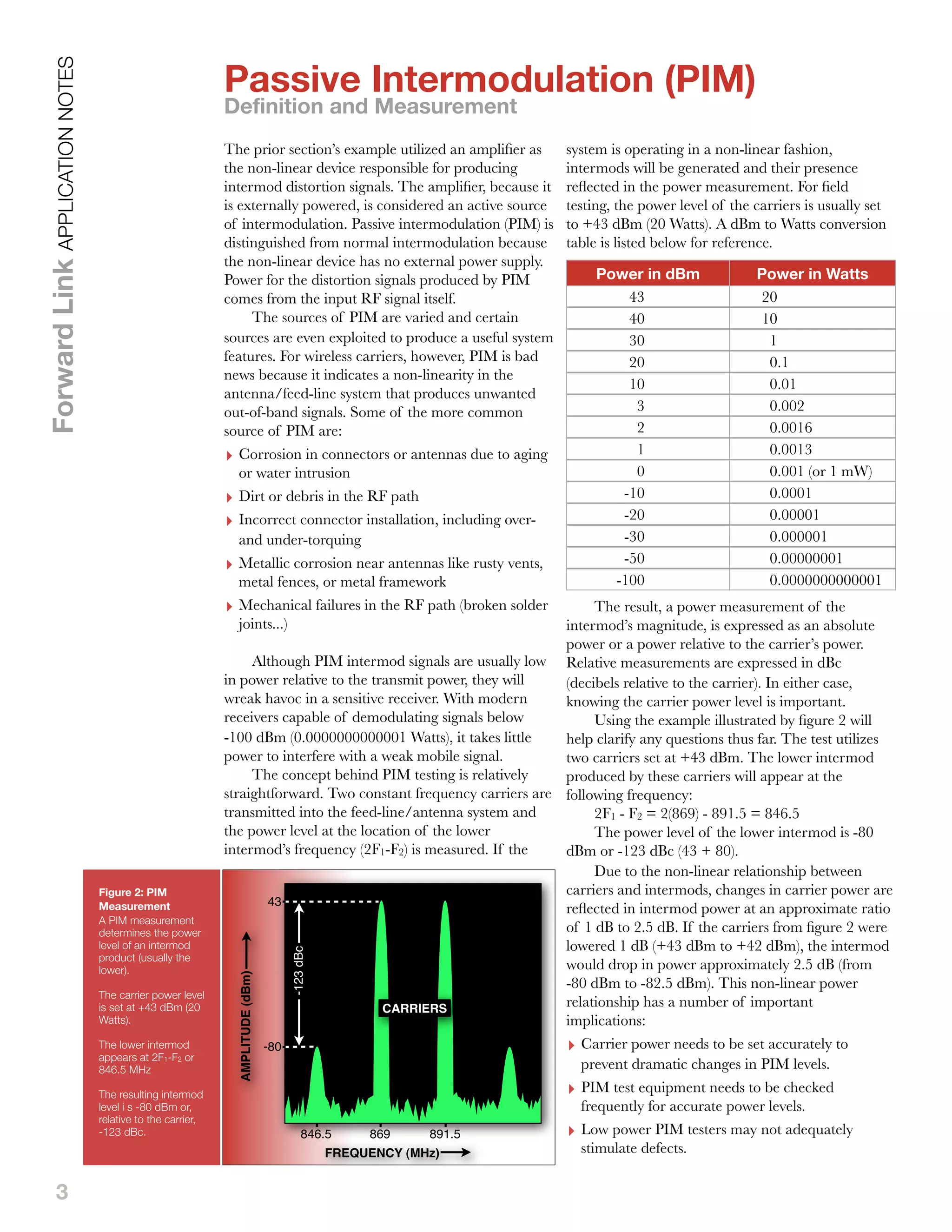 3
The prior section’s example utilized an ampliﬁer as
the non-linear device responsible for producing
intermod distortion signals. The ampliﬁer, because it
is externally powered, is considered an active source
of intermodulation. Passive intermodulation (PIM) is
distinguished from normal intermodulation because
the non-linear device has no external power supply.
Power for the distortion signals produced by PIM
comes from the input RF signal itself.
The sources of PIM are varied and certain
sources are even exploited to produce a useful system
features. For wireless carriers, however, PIM is bad
news because it indicates a non-linearity in the
antenna/feed-line system that produces unwanted
out-of-band signals. Some of the more common
source of PIM are:
‣ Corrosion in connectors or antennas due to aging
or water intrusion
‣ Dirt or debris in the RF path
‣ Incorrect connector installation, including over-
and under-torquing
‣ Metallic corrosion near antennas like rusty vents,
metal fences, or metal framework
‣ Mechanical failures in the RF path (broken solder
joints...)
Although PIM intermod signals are usually low
in power relative to the transmit power, they will
wreak havoc in a sensitive receiver. With modern
receivers capable of demodulating signals below
-100 dBm (0.0000000000001 Watts), it takes little
power to interfere with a weak mobile signal.
The concept behind PIM testing is relatively
straightforward. Two constant frequency carriers are
transmitted into the feed-line/antenna system and
the power level at the location of the lower
intermod’s frequency (2F1-F2) is measured. If the
system is operating in a non-linear fashion,
intermods will be generated and their presence
reﬂected in the power measurement. For ﬁeld
testing, the power level of the carriers is usually set
to +43 dBm (20 Watts). A dBm to Watts conversion
table is listed below for reference.
Power in dBm Power in Watts
	 43 	 20
	 40 	 10
	 30 	 1
	 20 	 0.1
	 10 	 0.01
	 3 	 0.002
	 2 	 0.0016
	 1 	 0.0013
	 0 	 0.001 (or 1 mW)
	 -10 	 0.0001
	 -20 	 0.00001
	 -30 	 0.000001
	 -50 	 0.00000001
	 -100 	 0.0000000000001
The result, a power measurement of the
intermod’s magnitude, is expressed as an absolute
power or a power relative to the carrier’s power.
Relative measurements are expressed in dBc
(decibels relative to the carrier). In either case,
knowing the carrier power level is important.
Using the example illustrated by ﬁgure 2 will
help clarify any questions thus far. The test utilizes
two carriers set at +43 dBm. The lower intermod
produced by these carriers will appear at the
following frequency:
2F1 - F2 = 2(869) - 891.5 = 846.5
The power level of the lower intermod is -80
dBm or -123 dBc (43 + 80).
Due to the non-linear relationship between
carriers and intermods, changes in carrier power are
reﬂected in intermod power at an approximate ratio
of 1 dB to 2.5 dB. If the carriers from ﬁgure 2 were
lowered 1 dB (+43 dBm to +42 dBm), the intermod
would drop in power approximately 2.5 dB (from
-80 dBm to -82.5 dBm). This non-linear power
relationship has a number of important
implications:
‣ Carrier power needs to be set accurately to
prevent dramatic changes in PIM levels.
‣ PIM test equipment needs to be checked
frequently for accurate power levels.
‣ Low power PIM testers may not adequately
stimulate defects.
Passive Intermodulation (PIM)
Definition and Measurement
ForwardLinkAPPLICATIONNOTES
Figure 2: PIM
Measurement
A PIM measurement
determines the power
level of an intermod
product (usually the
lower).
The carrier power level
is set at +43 dBm (20
Watts).
The lower intermod
appears at 2F1-F2 or
846.5 MHz
The resulting intermod
level i s -80 dBm or,
relative to the carrier,
-123 dBc.
CARRIERS
AMPLITUDE(dBm)
FREQUENCY (MHz)
-80
43
-123dBc
846.5 869 891.5
 