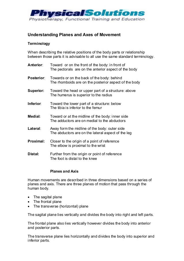 Anatomical Planes And Axis Of Movement