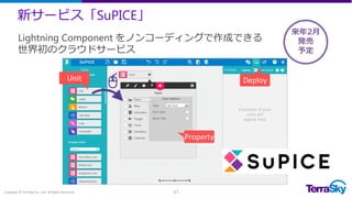 新サービス「SuPICE」
Copyright © TerraSky Co., Ltd. All Rights Reserved. 17
Lightning Component をノンコーディングで作成できる
世界初のクラウドサービス
Unit
Property
Deploy
来年2月
発売
予定
 