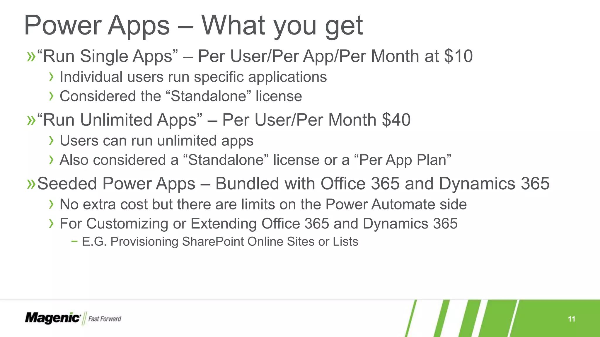 11
Power Apps – What you get
»“Run Single Apps” – Per User/Per App/Per Month at $10
› Individual users run specific applications
› Considered the “Standalone” license
»“Run Unlimited Apps” – Per User/Per Month $40
› Users can run unlimited apps
› Also considered a “Standalone” license or a “Per App Plan”
»Seeded Power Apps – Bundled with Office 365 and Dynamics 365
› No extra cost but there are limits on the Power Automate side
› For Customizing or Extending Office 365 and Dynamics 365
− E.G. Provisioning SharePoint Online Sites or Lists
 