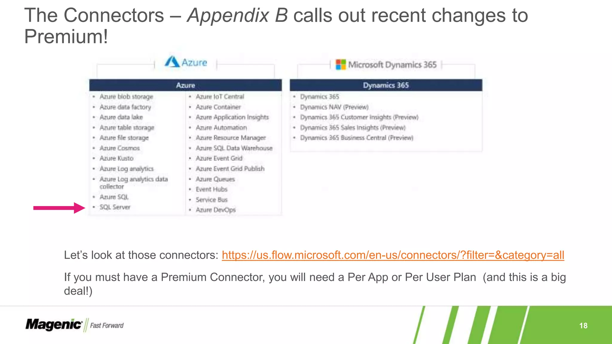 18
The Connectors – Appendix B calls out recent changes to
Premium!
Let’s look at those connectors: https://us.flow.microsoft.com/en-us/connectors/?filter=&category=all
If you must have a Premium Connector, you will need a Per App or Per User Plan (and this is a big
deal!)
 