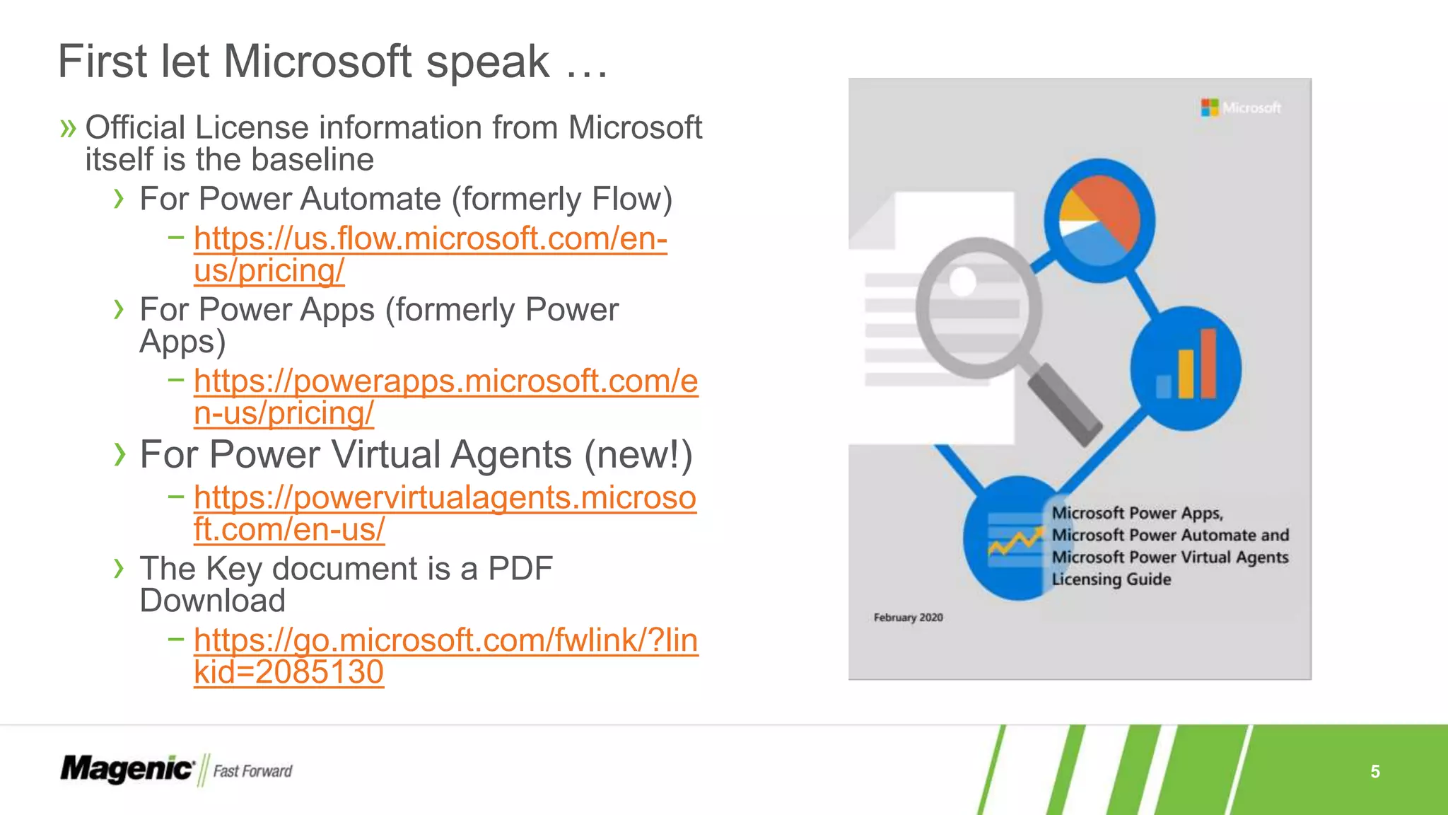 5
» Official License information from Microsoft
itself is the baseline
› For Power Automate (formerly Flow)
− https://us.flow.microsoft.com/en-
us/pricing/
› For Power Apps (formerly Power
Apps)
− https://powerapps.microsoft.com/e
n-us/pricing/
› For Power Virtual Agents (new!)
− https://powervirtualagents.microso
ft.com/en-us/
› The Key document is a PDF
Download
− https://go.microsoft.com/fwlink/?lin
kid=2085130
First let Microsoft speak …
 