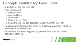29
»Important for the Per Flow plan
»Flows that count:
› Scheduled flows
› Automated flows
› Instant flows
› Business process flows
»Remember it is $100 per additional Unit in the Per Flow Plan
»Purchasing “units” is not the same as purchasing capacity” which is
available as an add on cost
»Child Flows are those triggered by another flow does NOT need
additional licenses!
Concept: Enabled Top Level Flows
 