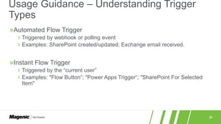 35
»Automated Flow Trigger
› Triggered by webhook or polling event
› Examples: SharePoint created/updated; Exchange email received.
»Instant Flow Trigger
› Triggered by the “current user”
› Examples: "Flow Button“; "Power Apps Trigger“; "SharePoint For Selected
Item"
Usage Guidance – Understanding Trigger
Types
 