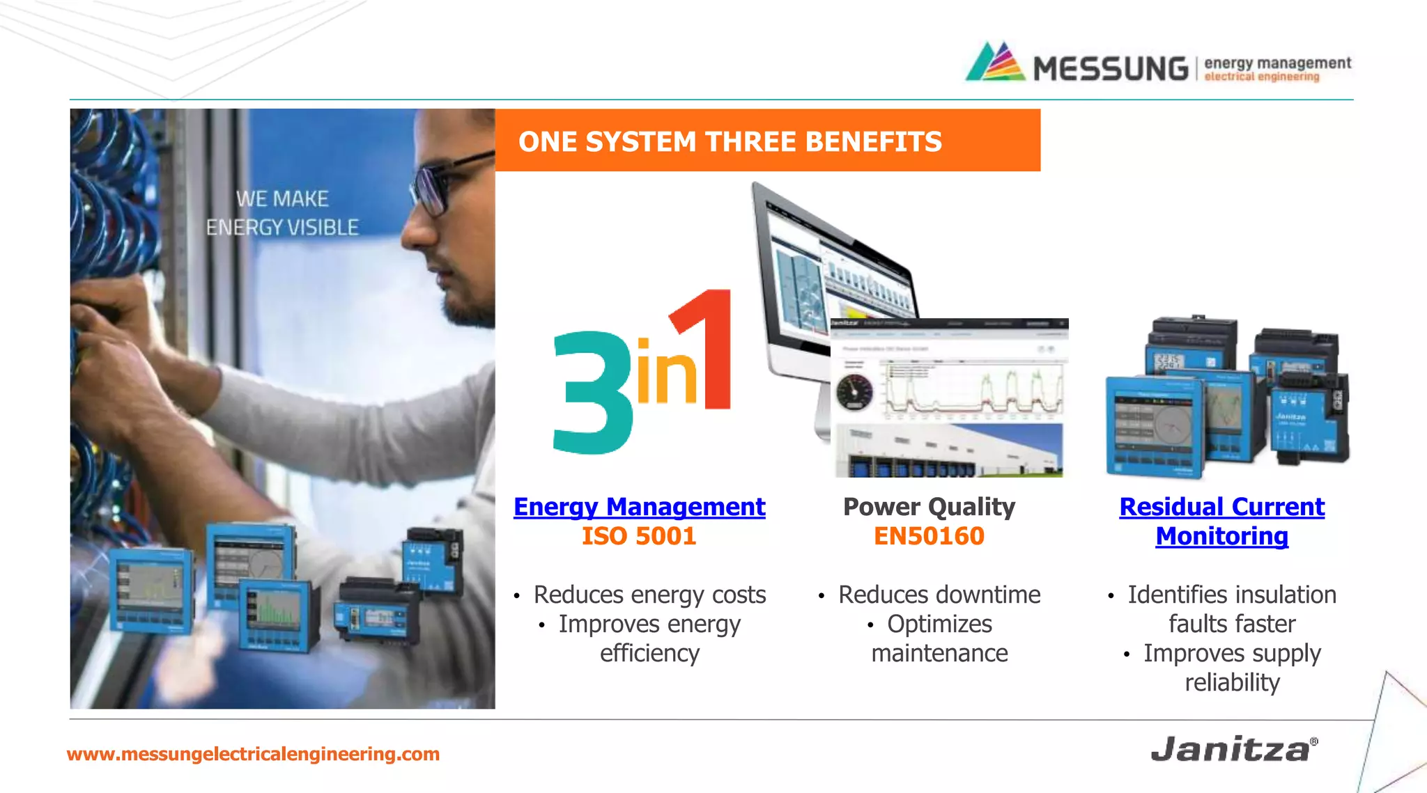 www.messungelectricalengineering.com
ONE SYSTEM THREE BENEFITS
Energy Management
ISO 5001
• Reduces energy costs
• Improves energy
efficiency
Power Quality
EN50160
• Reduces downtime
• Optimizes
maintenance
Residual Current
Monitoring
• Identifies insulation
faults faster
• Improves supply
reliability
 