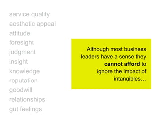 service quality
aesthetic appeal
attitude
foresight
                      Although most business
judgment
                   leaders have a sense they
insight                      cannot afford to
knowledge                 ignore the impact of
reputation                       intangibles…

goodwill
relationships
gut feelings
 