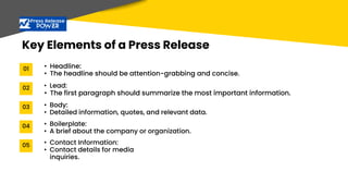 Key Elements of a Press Release
01
06
02
03
04
05
10
• Headline:
• The headline should be attention-grabbing and concise.
• Lead:
• The first paragraph should summarize the most important information.
• Body:
• Detailed information, quotes, and relevant data.
• Boilerplate:
• A brief about the company or organization.
• Contact Information:
• Contact details for media
inquiries.
 