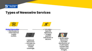 Types of Newswire Services
Global Newswire:
• Distributes to
international
media
outlets.
• National
Newswire:
• Focuses on
national
media
coverage.
• Industry-
Specific
Newswire:
• Targets
specific
industries or
sectors.
• Multimedia
Newswire:
• Includes
distribution of
multimedia
content like
videos and
images.
 