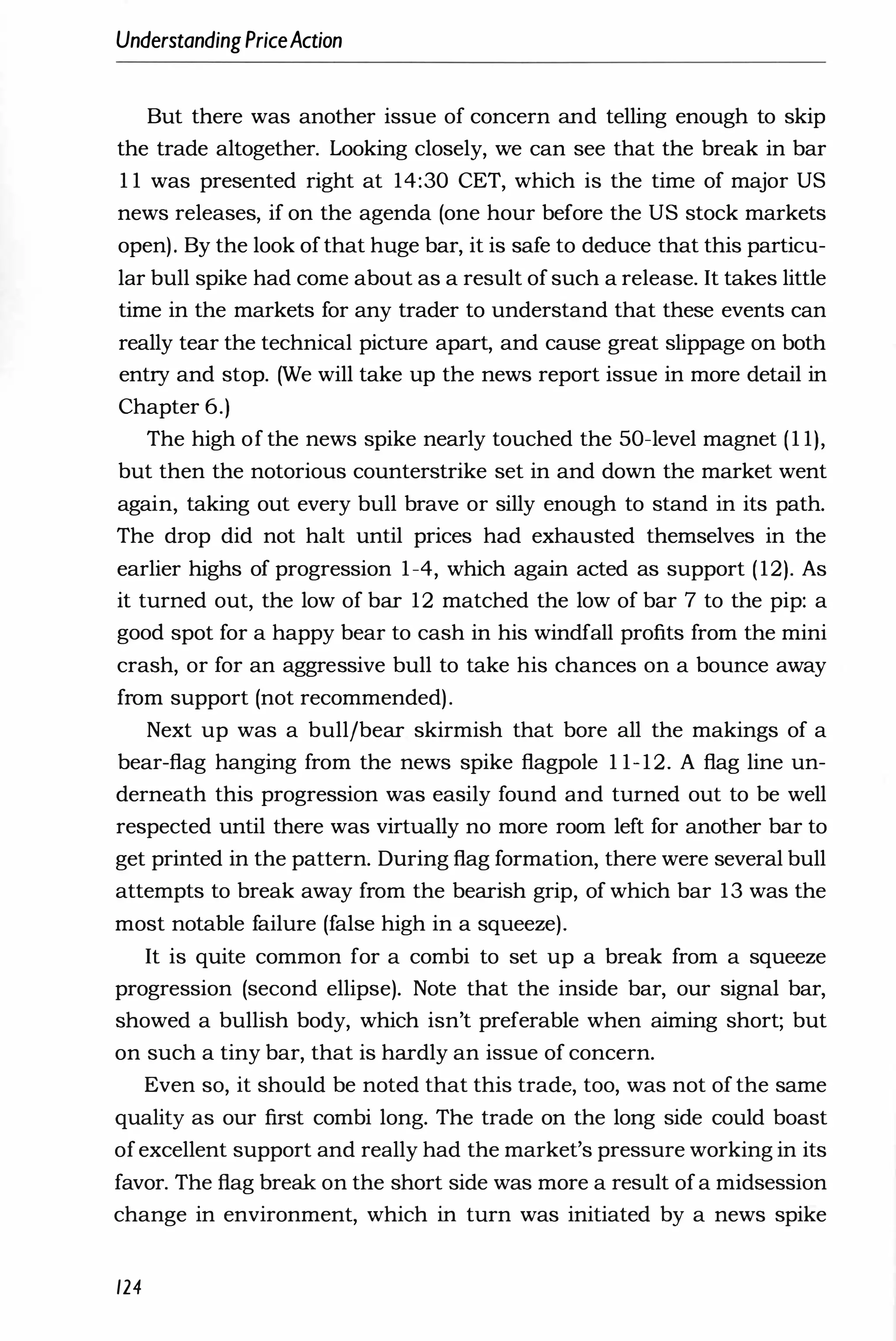 UnderstandingPriceAction
But there was another issue of concern and telling enough to skip
the trade altogether. Looking closely, we can see that the break in bar
1 1 was presented right at 14:30 CET, which is the time of major US
news releases, if on the agenda (one hour before the US stock markets
open). By the look ofthat huge bar, it is safe to deduce that this particu­
lar bull spike had come about as a result of such a release. It takes little
time in the markets for any trader to understand that these events can
really tear the technical picture apart, and cause great slippage on both
entry and stop. (We will take up the news report issue in more detail in
Chapter 6.)
The high of the news spike nearly touched the 50-level magnet (1 1),
but then the notorious counterstrike set in and down the market went
again, taking out every bull brave or silly enough to stand in its path.
The drop did not halt until prices had exhausted themselves in the
earlier highs of progression 1-4, which again acted as support (12). As
it turned out, the low of bar 12 matched the low of bar 7 to the pip: a
good spot for a happy bear to cash in his windfall profits from the mini
crash, or for an aggressive bull to take his chances on a bounce away
from support (not recommended).
Next up was a bull/bear skirmish that bore all the makings of a
bear-flag hanging from the news spike flagpole 1 1-12. A flag line un­
derneath this progression was easily found and turned out to be well
respected until there was virtually no more room left for another bar to
get printed in the pattern. During flag formation, there were several bull
attempts to break away from the bearish grip, of which bar 13 was the
most notable failure (false high in a squeeze).
It is quite common for a combi to set up a break from a squeeze
progression (second ellipse). Note that the inside bar, our signal bar,
showed a bullish body, which isn't preferable when aiming short; but
on such a tiny bar, that is hardly an issue of concern.
Even so, it should be noted that this trade, too, was not of the same
quality as our first combi long. The trade on the long side could boast
ofexcellent support and really had the market's pressure working in its
favor. The flag break on the short side was more a result ofa midsession
change in environment, which in turn was initiated by a news spike
124
 