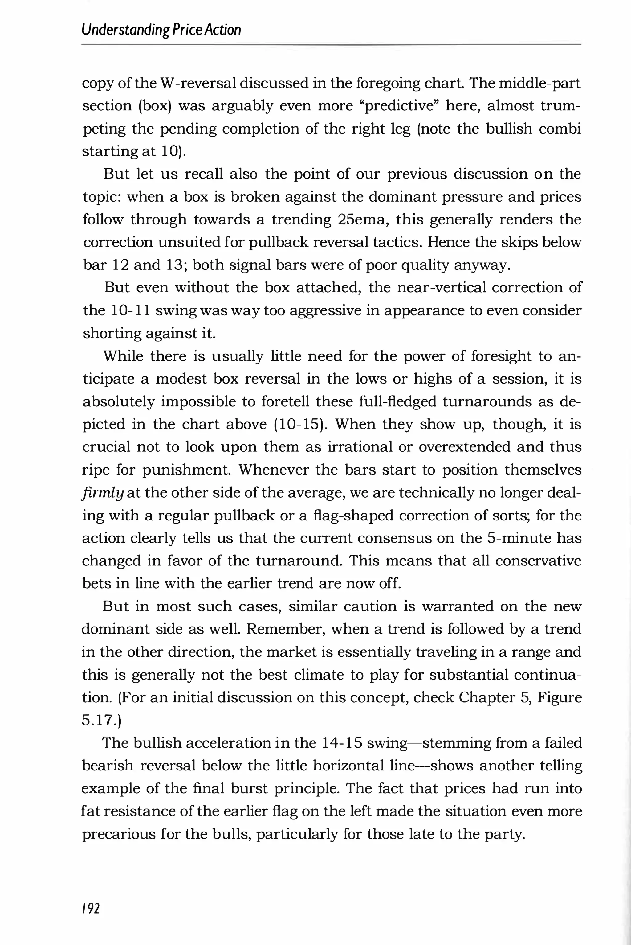UnderstandingPriceAction
copy ofthe W-reversal discussed in the foregoing chart. The middle-part
section (box) was arguably even more "predictive" here, almost trum­
peting the pending completion of the right leg (note the bullish combi
starting at 10).
But let us recall also the point of our previous discussion on the
topic: when a box is broken against the dominant pressure and prices
follow through towards a trending 25ema, this generally renders the
correction unsuited for pullback reversal tactics. Hence the skips below
bar 12 and 13; both signal bars were of poor quality anyway.
But even without the box attached, the near-vertical correction of
the 10- 1 1 swing was way too aggressive in appearance to even consider
shorting against it.
While there is usually little need for the power of foresight to an­
ticipate a modest box reversal in the lows or highs of a session, it is
absolutely impossible to foretell these full-fledged turnarounds as de­
picted in the chart above ( 10- 15). When they show up, though, it is
crucial not to look upon them as irrational or overextended and thus
ripe for punishment. Whenever the bars start to position themselves
firmly at the other side of the average, we are technically no longer deal­
ing with a regular pullback or a flag-shaped correction of sorts; for the
action clearly tells us that the current consensus on the 5-minute has
changed in favor of the turnaround. This means that all conservative
bets in line with the earlier trend are now off.
But in most such cases, similar caution is warranted on the new
dominant side as well. Remember, when a trend is followed by a trend
in the other direction, the market is essentially traveling in a range and
this is generally not the best climate to play for substantial continua­
tion. (For an initial discussion on this concept, check Chapter 5, Figure
5. 17.)
The bullish acceleration in the 14- 1 5 swing-stemming from a failed
bearish reversal below the little horizontal line---shows another telling
example of the final burst principle. The fact that prices had run into
fat resistance of the earlier flag on the left made the situation even more
precarious for the bulls, particularly for those late to the party.
192
 