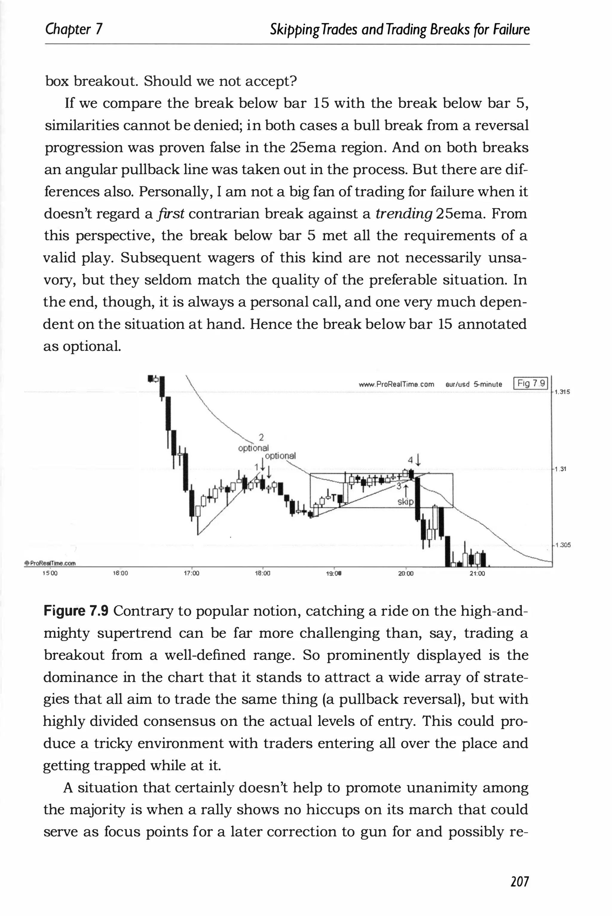 Chapter 7 SkippingTrades andTrading Breaks for Failure
box breakout. Should we not accept?
If we compare the break below bar 15 with the break below bar 5,
similarities cannot be denied; in both cases a bull break from a reversal
progression was proven false in the 25ema region. And on both breaks
an angular pullback line was taken out in the process. But there are dif­
ferences also. Personally, I am not a big fan oftrading for failure when it
doesn't regard a first contrarian break against a trending 25ema. From
this perspective, the break below bar 5 met all the requirements of a
valid play. Subsequent wagers of this kind are not necessarily unsa­
vory, but they seldom match the quality of the preferable situation. In
the end, though, it is always a personal call, and one very much depen­
dent on the situation at hand. Hence the break below bar 15 annotated
as optional.
Wft'W.ProRealTlmB.com eur/usd 5-minute IFig 7 91
'500 16'00 17:00 18:00 '''00 2Q00 21:00
Figure 7.9 Contrary to popular notion, catching a ride on the high-and­
mighty supertrend can be far more challenging than, say, trading a
breakout from a well-defined range. So prominently displayed is the
dominance in the chart that it stands to attract a wide array of strate­
gies that all aim to trade the same thing (a pullback reversal), but with
highly divided consensus on the actual levels of entry. This could pro­
duce a tricky environment with traders entering all over the place and
getting trapped while at it.
A situation that certainly doesn't help to promote unanimity among
the majority is when a rally shows no hiccups on its march that could
serve as focus points for a later correction to gun for and possibly re-
207
.315
1 .31
. 305
 