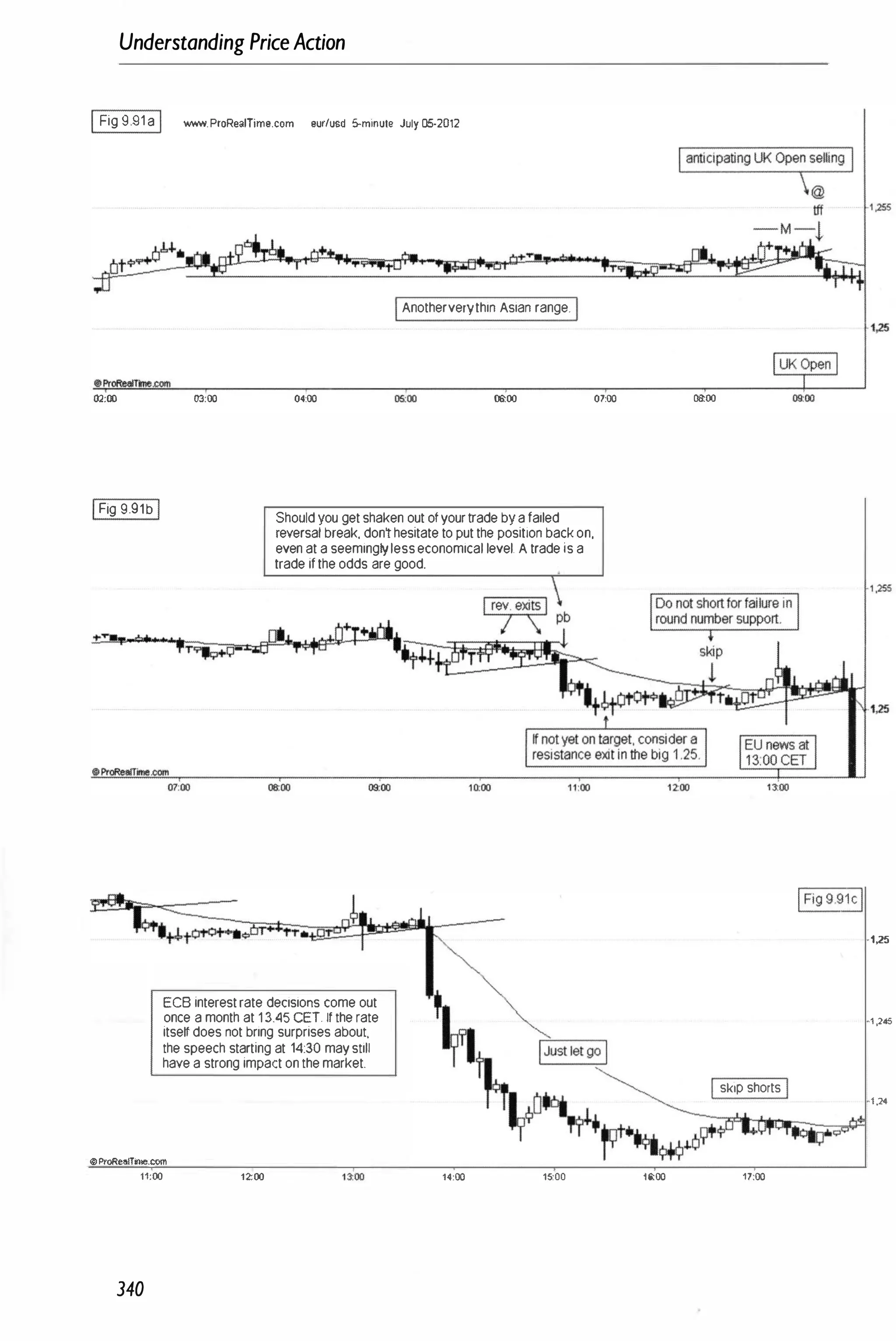 Understanding PriceAction
IFig 9.91 a I www. ProRe.ITime.com eur/usd 5-minute July 05-20t2
IAnotherverythin Asian range.
02;00 03:00 04:00 tioo 00:00
IFig 9.91bI Should you get shaken out of your trade by a failed
reversal break, dont hesitate to put the position back on,
even at a seeminglyless economical level. A trade is a
trade if the odds are good.
ECB interest rate decisions come out
once a month at 1 3.45 CET If the rate
itse� does not bring surprises about,
the speech starting at 14:30 may still
have a strong impact on the market.
.,ProRealTime.com
11;00 12;00 uoo 14:00 15:00
340
1,25
07:00 08:00
1,25
1 ,245
I skip shorts I
1,24
1�00 17:00
 