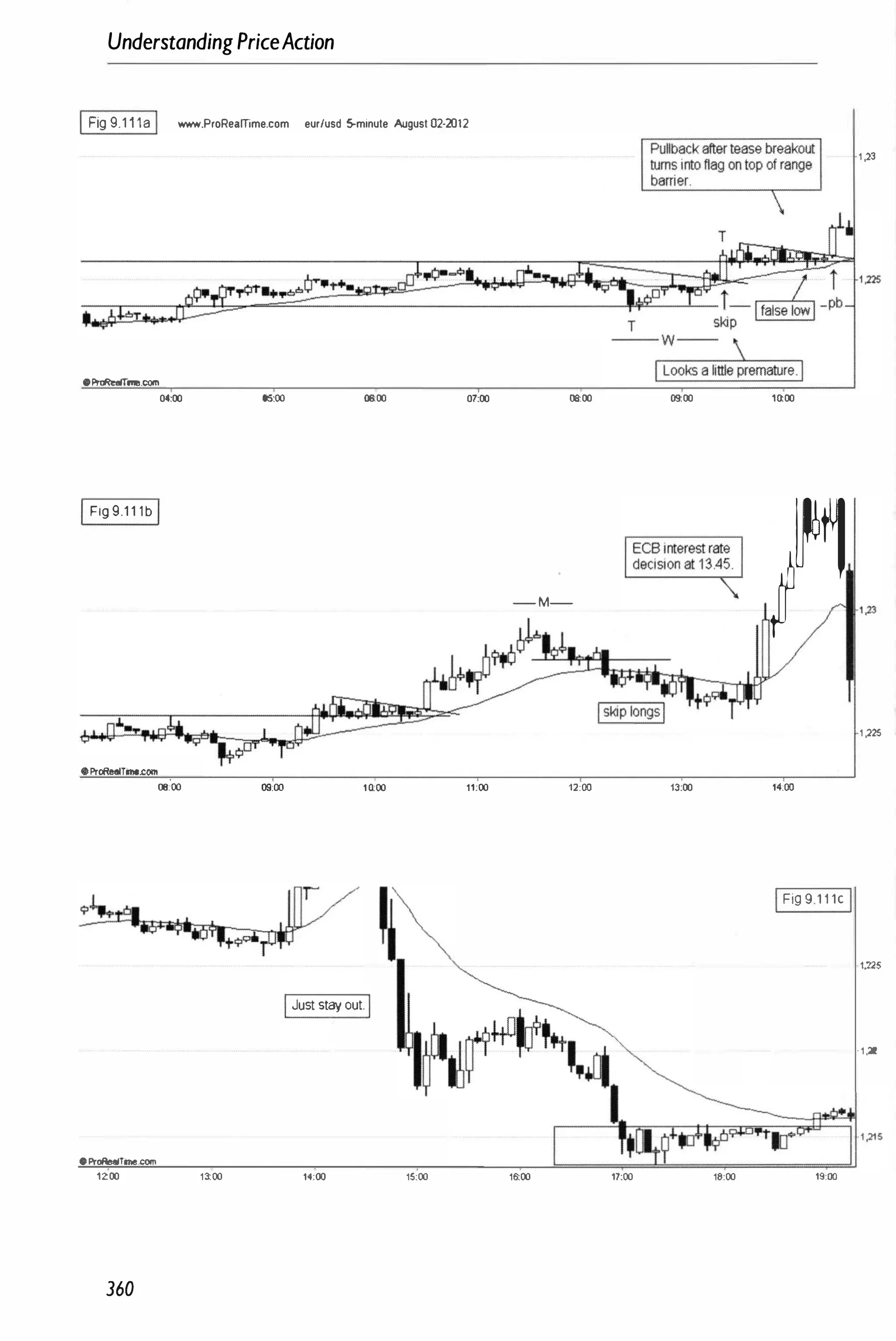 UnderstandingPriceAction
I Fig 9.1 1 1a I _.ProReamme.com eur/usd 5-minute August 02·2Ot2
OProReafTme.COtn
04;00 ()5;00 06
;
00 07;00
I Fig 9.1 1 1 b I
0600
- M-
��!)-
!
.�
CIProRealTme,eom
06;00 09;00 1 0
:00 11:00 12:00
<;>�
��
��(iilfDjoll+tl,.oj
IJust stay out.I
•ProReaiTine.com
1200 13;00 14:00 15:00 16;00
360
1 ,23
09;00 1();00
J��,1,23
1 ,225
13:00 14:00
IFig 9 1 1 1c I
I,m
· 1 ,22
I
•
,1,21'
17:00 18:00 19:00
 