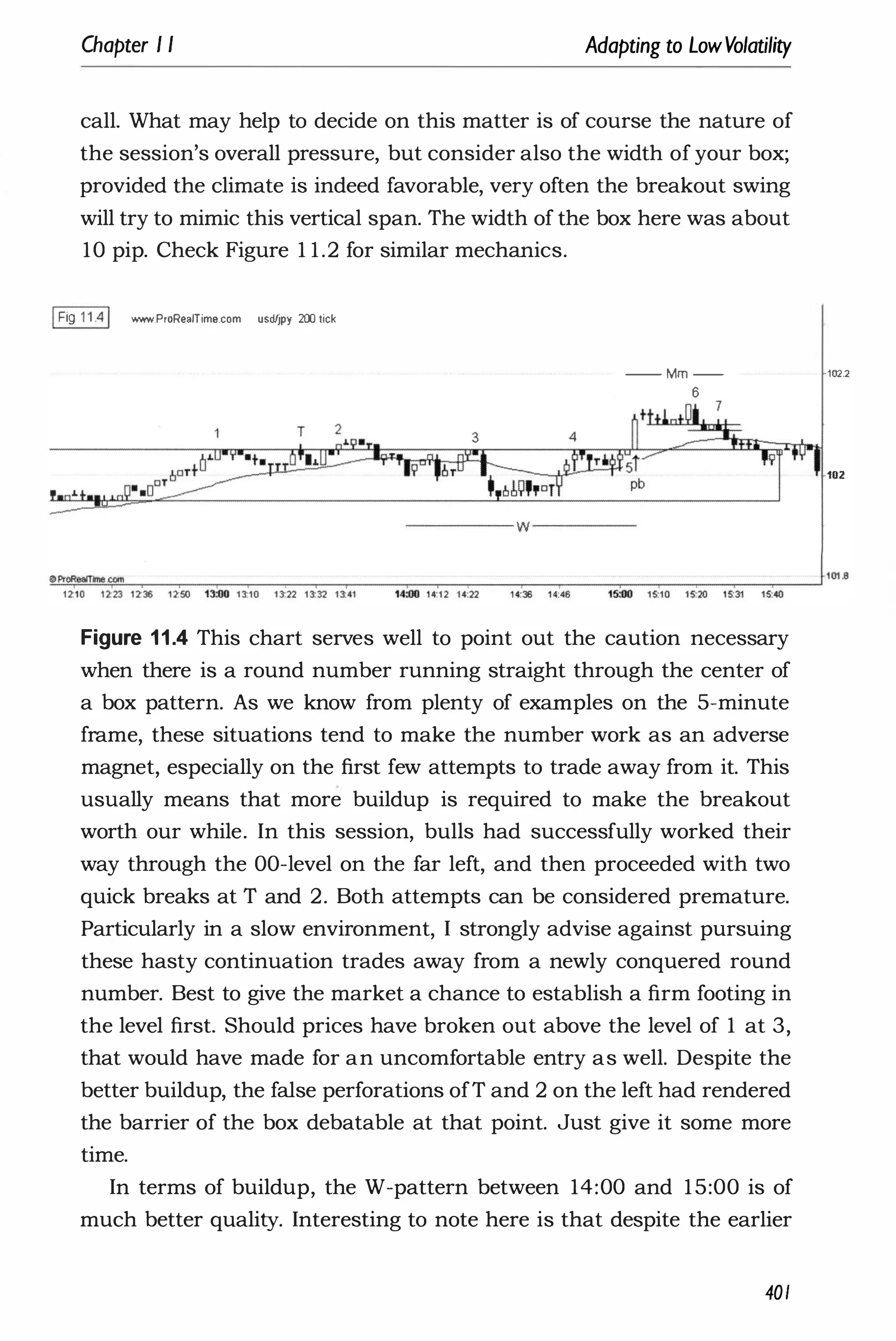 Chapter I I Adapting to LowVolatility
call. What may help to decide on this matter is of course the nature of
the session's overall pressure, but consider also the width of your box;
provided the climate is indeed favorable, very often the breakout swing
will try to mimic this vertical span. The width of the box here was about
10 pip. Check Figure 1 1.2 for similar mechanics.
IFig 11.41 www.ProReolTime.com usdljpy 200 tick
-- Mm -
6
----- w -------
Figure 1 1 .4 This chart serves well to point out the caution necessary
when there is a round number running straight through the center of
a box pattern. As we know from plenty of examples on the 5-minute
frame, these situations tend to make the number work as an adverse
magnet, especially on the first few attempts to trade away from it. This
usually means that more buildup is required to make the breakout
worth our while. In this session, bulls had successfully worked their
way through the OO-level on the far left, and then proceeded with two
quick breaks at T and 2. Both attempts can be considered premature.
Particularly in a slow environment, I strongly advise against pursuing
these hasty continuation trades away from a newly conquered round
number. Best to give the market a chance to establish a firm footing in
the level first. Should prices have broken out above the level of 1 at 3,
that would have made for an uncomfortable entry as well. Despite the
better buildup, the false perforations ofT and 2 on the left had rendered
the barrier of the box debatable at that point. Just give it some more
time.
In terms of buildup, the W-pattern between 14:00 and 15:00 is of
much better quality. Interesting to note here is that despite the earlier
401
1022
102
 