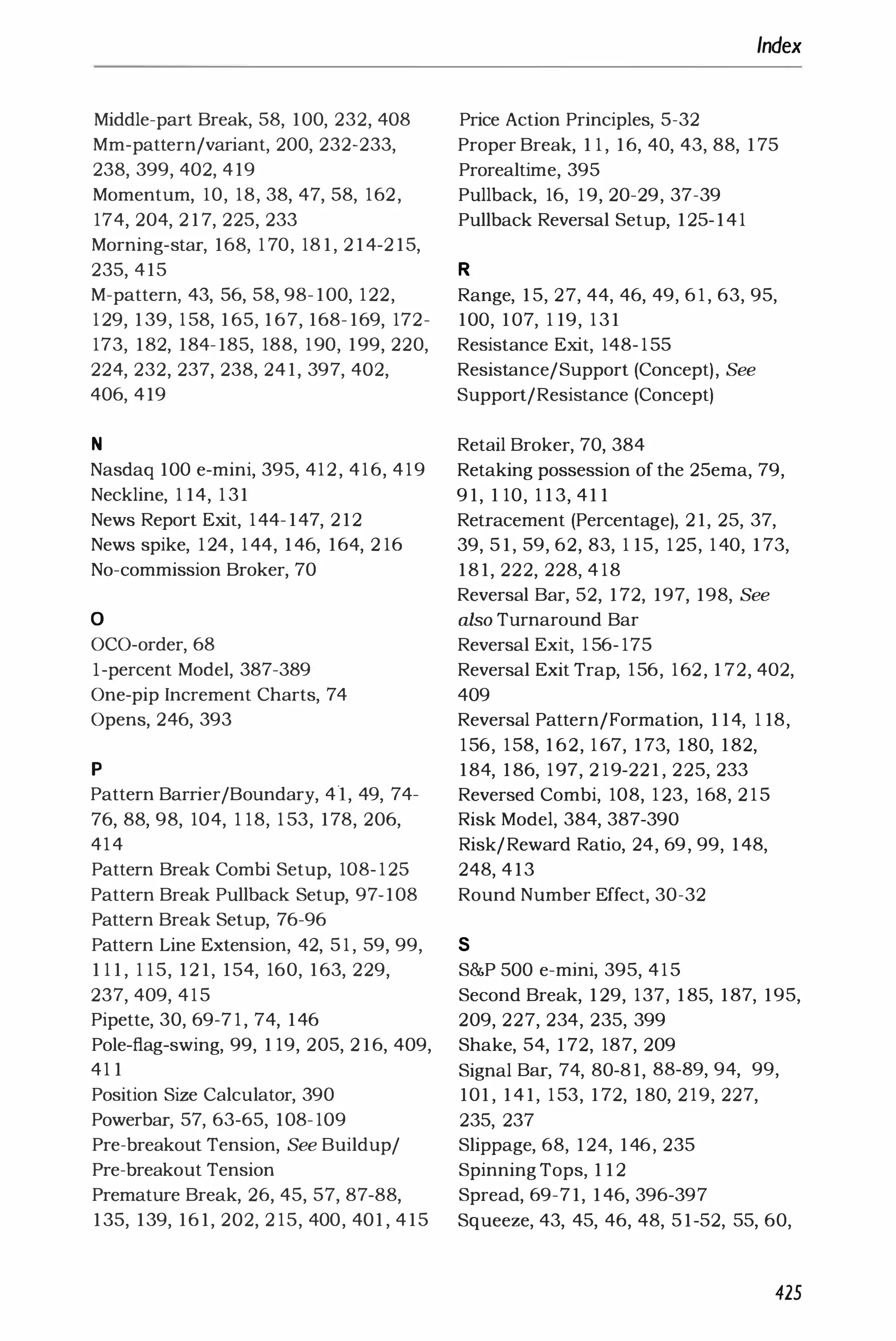 Middle-part Break, 58, 100, 232, 408
Mm-pattern/variant, 200, 232-233,
238, 399, 402, 419
Momentum, 10, 18, 38, 47, 58, 162,
174, 204, 217, 225, 233
Morning-star, 168, 170, 181, 214-215,
235, 415
M-pattern, 43, 56, 58, 98-100, 122,
129, 139, 158, 165, 167, 168-169, 172-
173, 182, 184-185, 188, 1 90, 199, 220,
224, 232, 237, 238, 241, 397, 402,
406, 419
N
Nasdaq 100 e-mini, 395, 412, 416, 4 1 9
Neckline, 114, 1 31
News Report Exit, 144-147, 212
News spike, 124, 144, 146, 164, 2 16
No-commission Broker, 70
o
OCO-order, 68
I-percent Model, 387-389
One-pip Increment Charts, 74
Opens, 246, 393
p
Pattern Barrier/Boundary, 41, 49, 74-
76, 88, 98, 104, 1 18, 1 53, 178, 206,
414
Pattern Break Combi Setup, 108- 125
Pattern Break Pullback Setup, 97-108
Pattern Break Setup, 76-96
Pattern Line Extension, 42, 5 1 , 59, 99,
1 11, 1 15, 121, 154, 160, 163, 229,
237, 409, 415
Pipette, 30, 69-7 1 , 74, 146
Pole-flag-swing, 99, 1 19, 205, 216, 409,
411
Position Size Calculator, 390
Powerbar, 57, 63-65, 108-109
Pre-breakout Tension, See Buildup/
Pre-breakout Tension
Premature Break, 26, 45, 57, 87-88,
135, 139, 161, 202, 2 15, 400, 401, 415
Index
Price Action Principles, 5-32
Proper Break, 1 1 , 16, 40, 43, 88, 175
Prorealtime, 395
Pullback, 16, 1 9, 20-29, 37-39
Pullback Reversal Setup, 125-141
R
Range, 15, 27, 44, 46, 49, 6 1 , 63, 95,
100, 107, 119, 131
Resistance Exit, 148- 155
Resistance/Support (Concept), See
Support/Resistance (Concept)
Retail Broker, 70, 384
Retaking possession of the 25ema, 79,
91, 1 10, 113, 411
Retracement (Percentage), 21, 25, 37,
39, 51, 59, 62, 83, 1 15, 125, 140, 173,
181, 222, 228, 4 18
Reversal Bar, 52, 172, 197, 198, See
also Turnaround Bar
Reversal Exit, 1 56- 175
Reversal Exit Trap, 156, 162, 172, 402,
409
Reversal Pattern/Formation, 114, 118,
156, 158, 162, 1 67, 173, 180, 182,
184, 186, 1 97, 2 19-221, 225, 233
Reversed Combi, 108, 123, 168, 2 1 5
Risk Model, 384, 387-390
Risk/Reward Ratio, 24, 69, 99, 148,
248, 413
Round Number Effect, 30-32
s
S&P 500 e-mini, 395, 415
Second Break, 129, 137, 185, 187, 195,
209, 227, 234, 235, 399
Shake, 54, 172, 187, 209
Signal Bar, 74, 80-81, 88-89, 94, 99,
101, 141, 153, 172, 180, 219, 227,
235, 237
Slippage, 68, 124, 146, 235
Spinning Tops, 112
Spread, 69-71, 146, 396-397
Squeeze, 43, 45, 46, 48, 51-52, 55, 60,
425
 