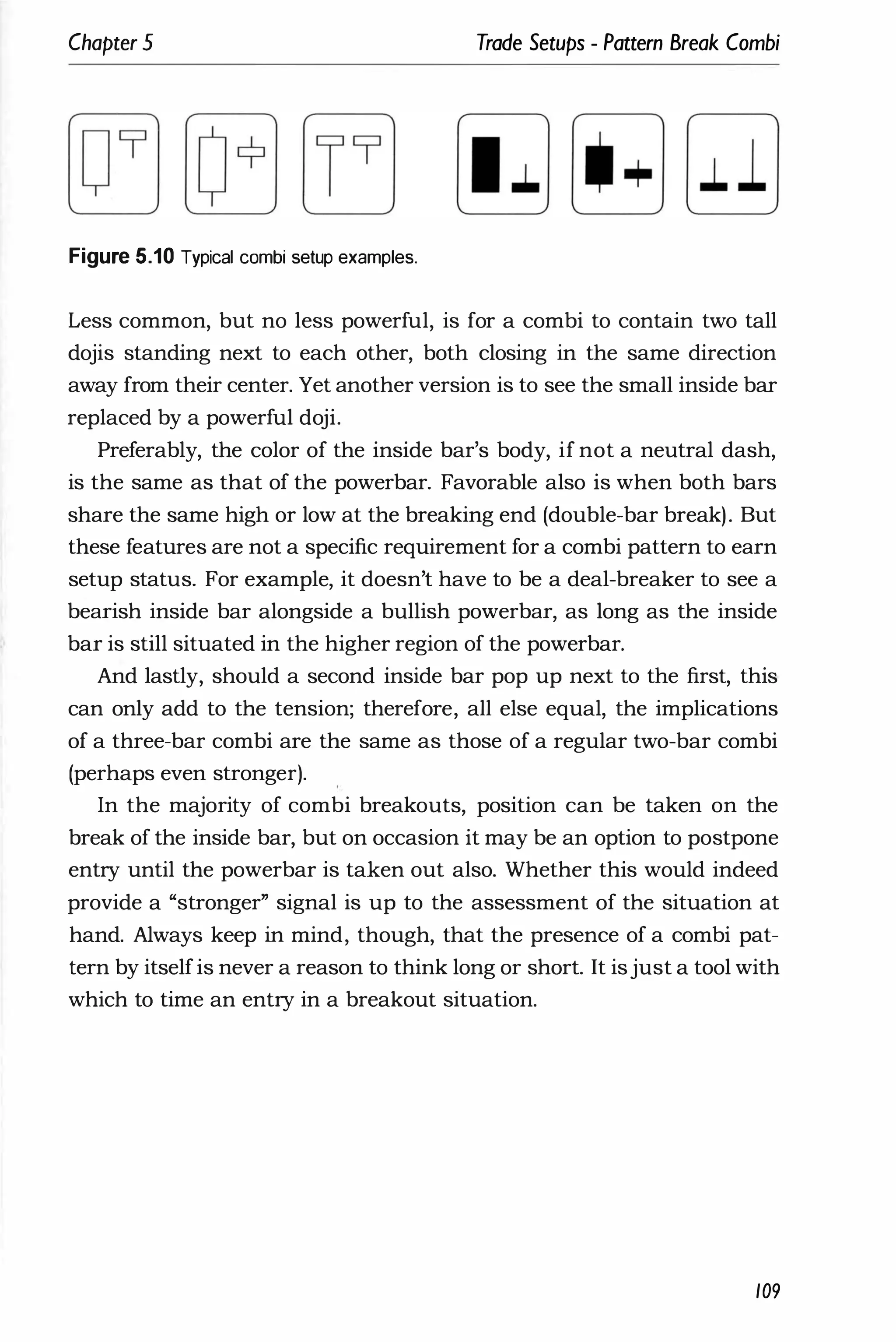 Chapter 5 Trade Setups - Pattern Break Combi
Figure 5.10 Typical combi setup examples.
Less common, but no less powerful, is for a combi to contain two tall
dojis standing next to each other, both closing in the same direction
away from their center. Yet another version is to see the small inside bar
replaced by a powerful doji.
Preferably, the color of the inside bar's body, if not a neutral dash,
is the same as that of the powerbar. Favorable also is when both bars
share the same high or low at the breaking end (double-bar break). But
these features are not a specific requirement for a combi pattern to earn
setup status. For example, it doesn't have to be a deal-breaker to see a
bearish inside bar alongside a bullish powerbar, as long as the inside
bar is still situated in the higher region of the powerbar.
And lastly, should a second inside bar pop up next to the first, this
can only add to the tension; therefore, all else equal, the implications
of a three-bar combi are the same as those of a regular two-bar combi
(perhaps even stronger).
In the majority of combi breakouts, position can be taken on the
break of the inside bar, but on occasion it may be an option to postpone
entry until the powerbar is taken out also. Whether this would indeed
provide a "stronger" signal is up to the assessment of the situation at
hand. Always keep in mind, though, that the presence of a combi pat­
tern by itselfis never a reason to think long or short. It isjust a tool with
which to time an entry in a breakout situation.
109
 