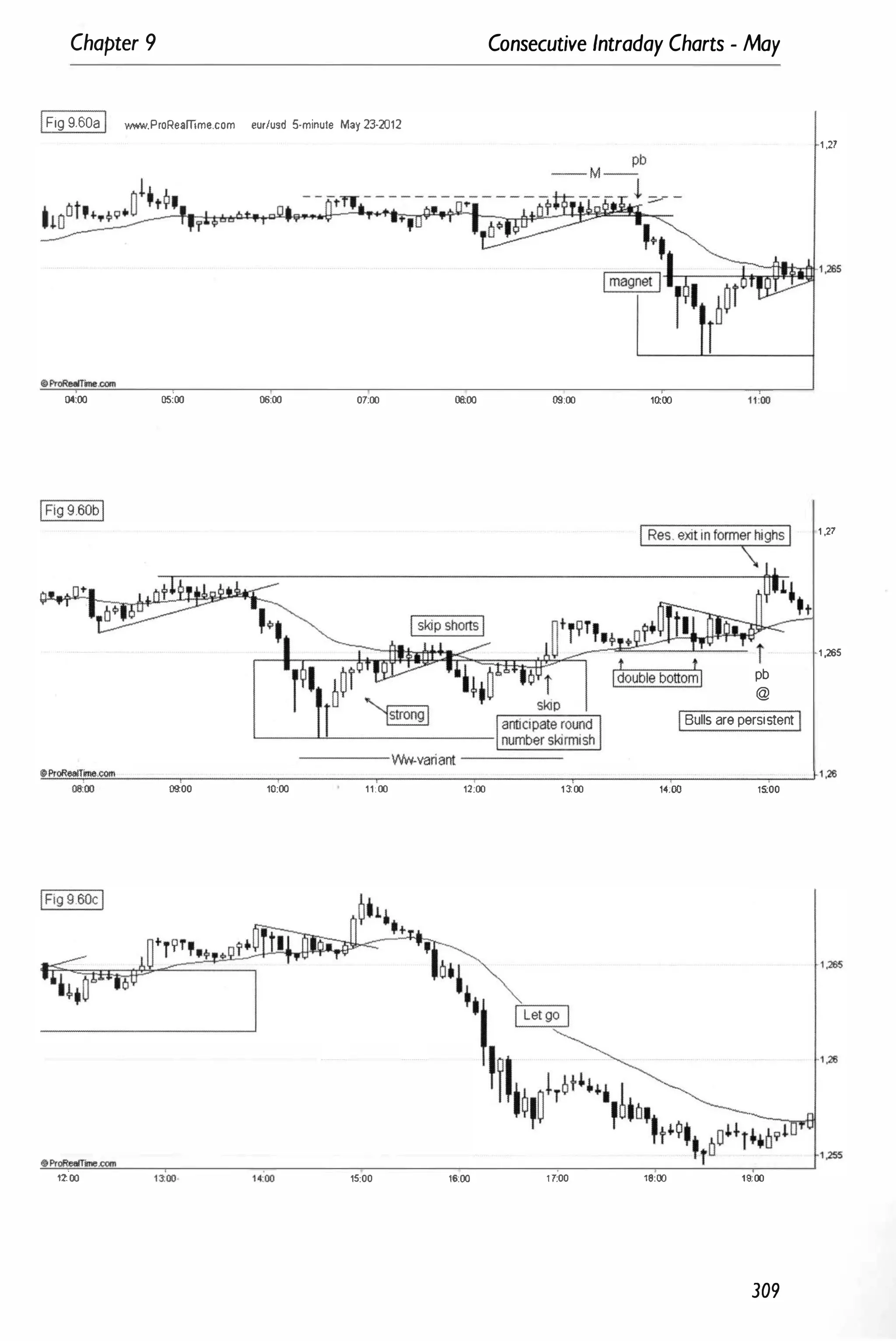 Chapter 9
IFig 9.60aI www.ProReamme.com eur/usd 5-minute May 23-2012
04:00 os:oo �:oo 07:00 06;00
---- WW-variant
Consecutive Intraday Charts - May
1J!t00 10:00
pb
@
IBulls are persistantI
1,21
1)7
1,265
!'.!
OPr
:!!!
oR
�
"'
�
"
....
�
.com
!!!.-
_
_
�
_
_
_
�
_
_
_
�
_
_
_
�
_
_
_
_
.,---
_
_
_
�
_
_
_
�
_
---.Jl ,26
oot
:oo 0900 10:00 11:00 12:00 1100 ,·tOO 15:00
1Z�OO 15:00 16:00 17:00 18:00 19:00
309
 