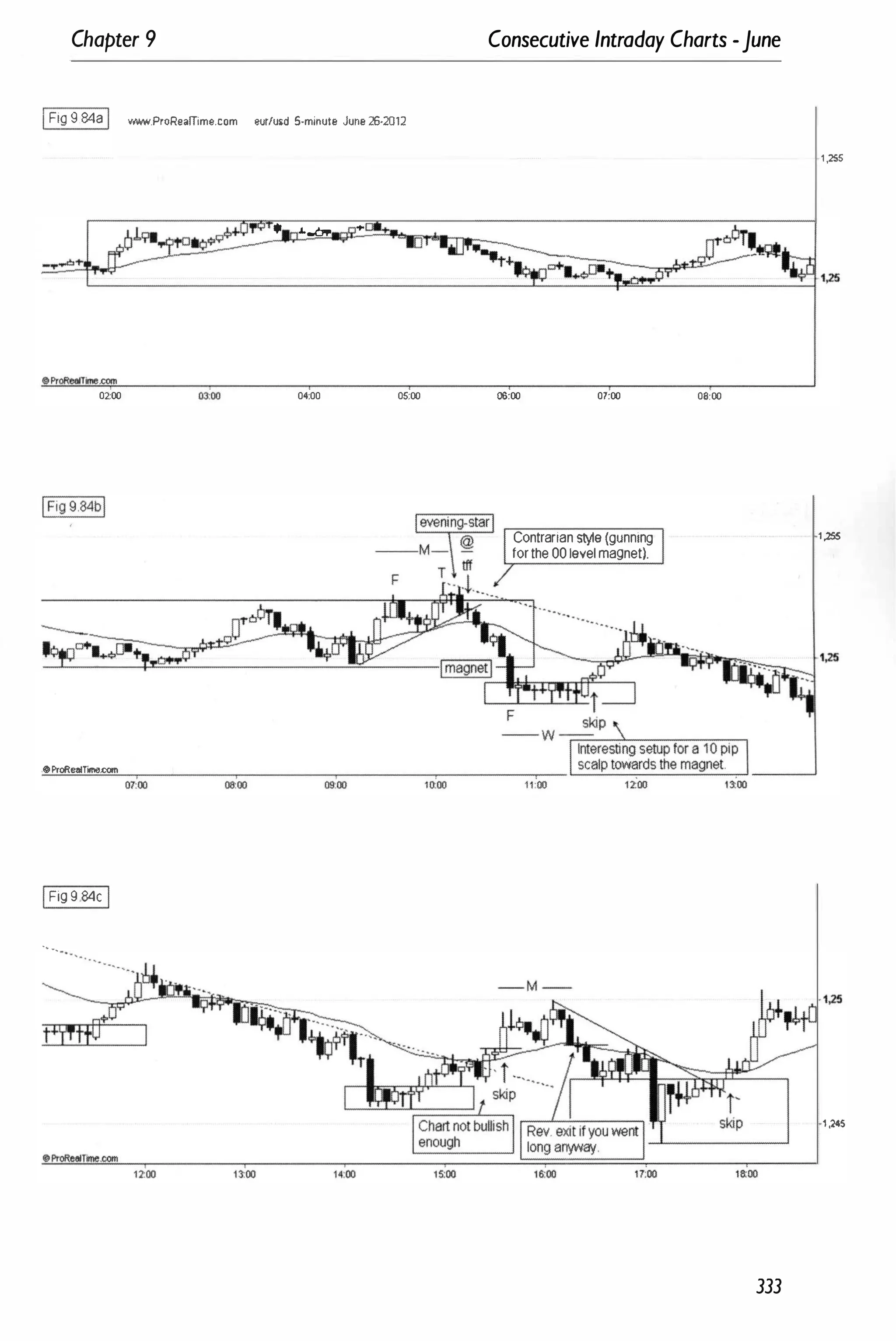 Chapter 9
IFig 9.84aI www.ProRealTime.com eur/usd 5·minute June 26·2012
• J.,.c.,. ...
Consecutive Intraday Charts -June
1 ,255
L-
__
__
__
__
__
__
__
__
__
__
__
__
__
__
__
__
__
__
__
__
__
�
__
__
__
�
�
�
--
--
--
--
--
--
�
4 1�
02;00 oioo 04:00 05:00
oProRealTitne.com
IFig 9 .84cI
.� ",
'l00
06:00 01:00
Contrarian style (gunning
forthe 00 level magnet).
00:00
1,255
13:00
1,245
333
 