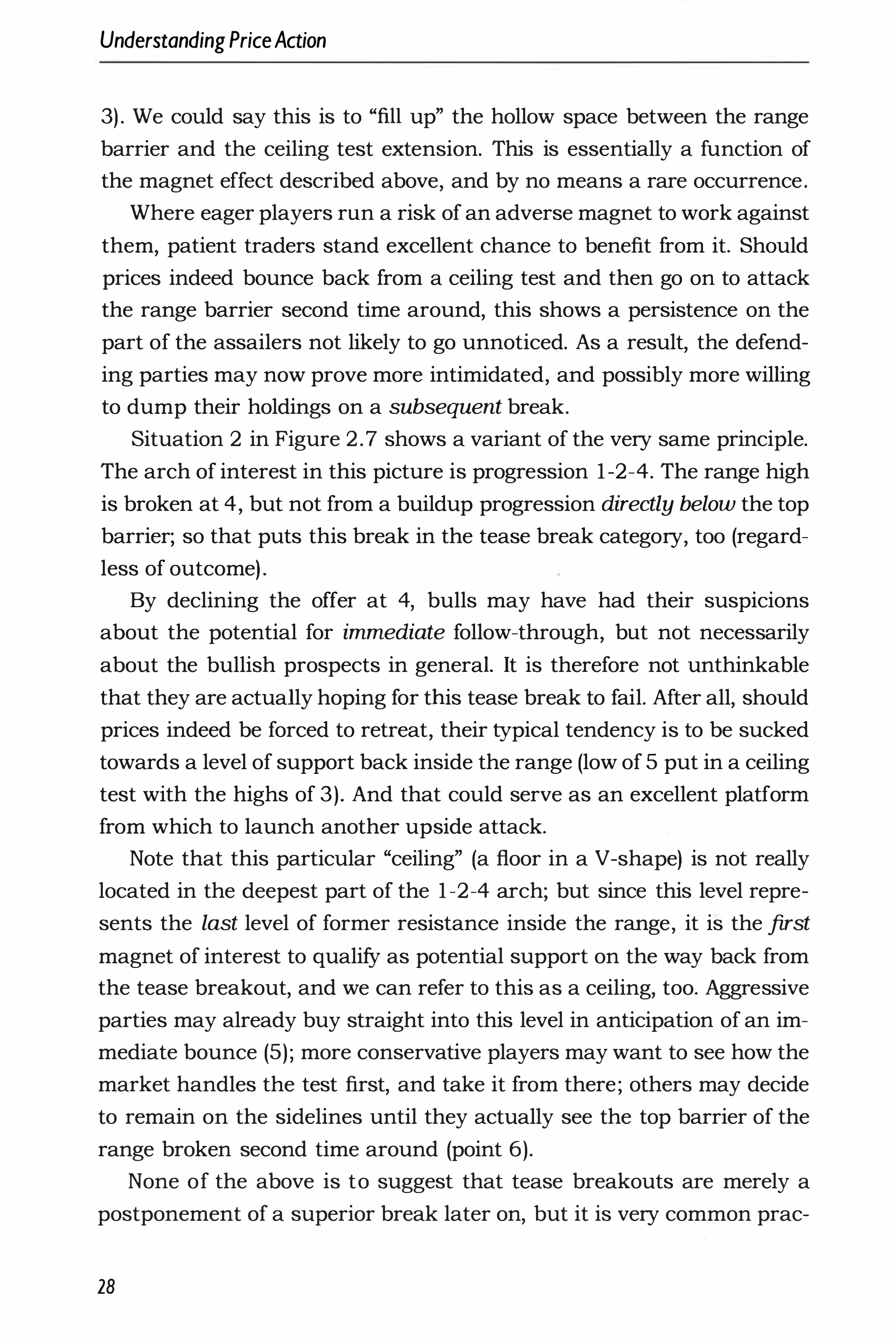 UnderstandingPriceAction
3). We could say this is to "fill up" the hollow space between the range
barrier and the ceiling test extension. This is essentially a function of
the magnet effect described above, and by no means a rare occurrence.
Where eager players run a risk of an adverse magnet to work against
them, patient traders stand excellent chance to benefit from it. Should
prices indeed bounce back from a ceiling test and then go on to attack
the range barrier second time around, this shows a persistence on the
part of the assailers not likely to go unnoticed. As a result, the defend­
ing parties may now prove more intimidated, and possibly more willing
to dump their holdings on a subsequent break.
Situation 2 in Figure 2.7 shows a variant of the very same principle.
The arch of interest in this picture is progression 1-2-4. The range high
is broken at 4, but not from a buildup progression directly below the top
barrier; so that puts this break in the tease break category, too (regard­
less of outcome).
By declining the offer at 4, bulls may have had their suspicions
about the potential for immediate follow-through, but not necessarily
about the bullish prospects in general. It is therefore not unthinkable
that they are actually hoping for this tease break to fail. After all, should
prices indeed be forced to retreat, their typical tendency is to be sucked
towards a level of support back inside the range (low of 5 put in a ceiling
test with the highs of 3). And that could serve as an excellent platform
from which to launch another upside attack.
Note that this particular "ceiling" (a floor in a V-shape) is not really
located in the deepest part of the 1-2-4 arch; but since this level repre­
sents the last level of former resistance inside the range, it is the first
magnet of interest to qualify as potential support on the way back from
the tease breakout, and we can refer to this as a ceiling, too. Aggressive
parties may already buy straight into this level in anticipation of an im­
mediate bounce (5); more conservative players may want to see how the
market handles the test first, and take it from there; others may decide
to remain on the sidelines until they actually see the top barrier of the
range broken second time around (point 6).
None of the above is to suggest that tease breakouts are merely a
postponement of a superior break later on, but it is very common prac-
28
 