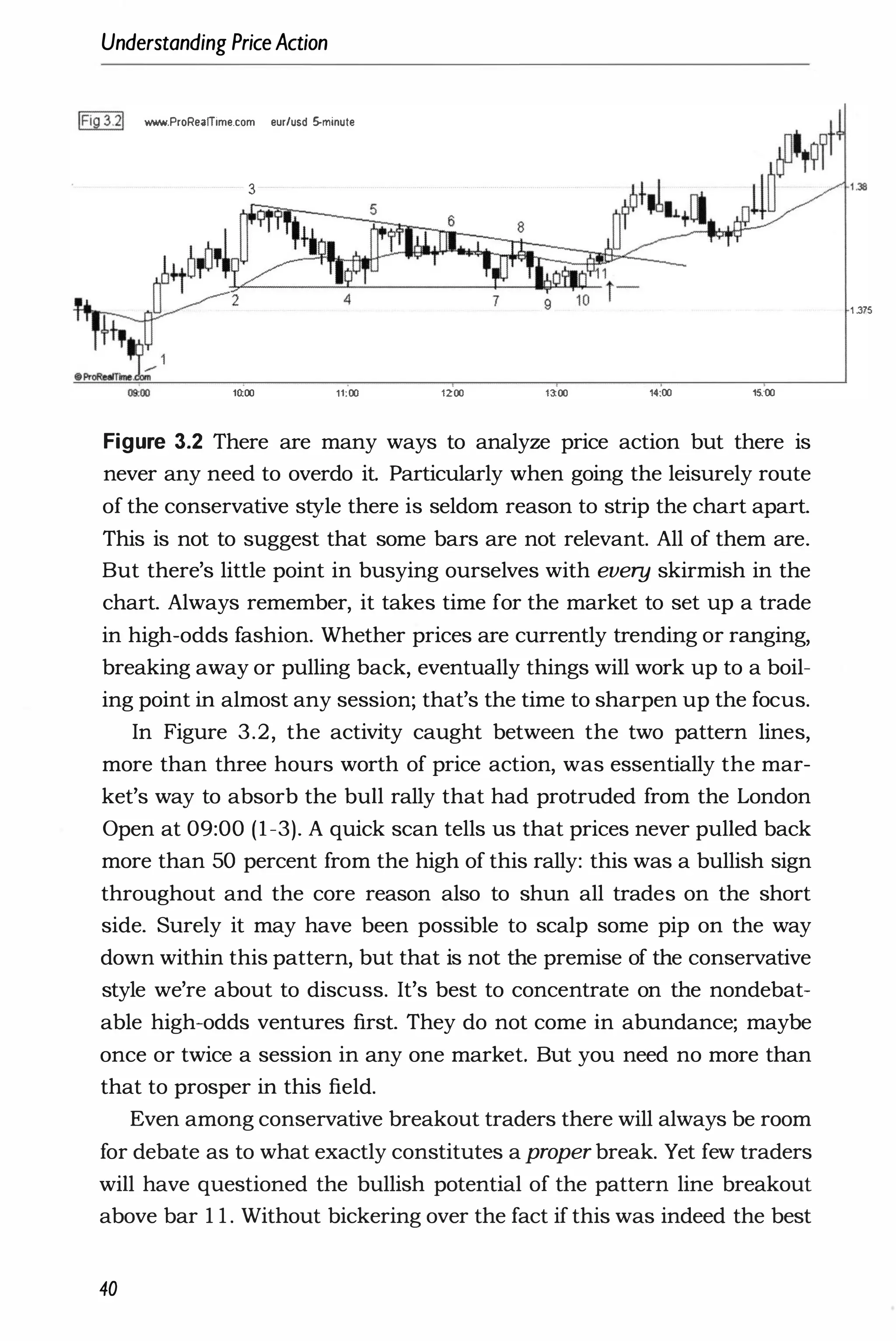 Understanding PriceAction
IFig3.21 'WWW.ProRe.ffime.com eur/usd 5-minute
3
10:00 11:00 1200 1�00 14:00 15:00
Figure 3.2 There are many ways to analyze price action but there is
never any need to overdo it. Particularly when going the leisurely route
of the conservative style there is seldom reason to strip the chart apart.
This is not to suggest that some bars are not relevant. All of them are.
But there's little point in busying ourselves with every skirmish in the
chart. Always remember, it takes time for the market to set up a trade
in high-odds fashion. Whether prices are currently trending or ranging,
breaking away or pulling back, eventually things will work up to a boil­
ing point in almost any session; that's the time to sharpen up the focus.
In Figure 3.2, the activity caught between the two pattern lines,
more than three hours worth of price action, was essentially the mar­
ket's way to absorb the bull rally that had protruded from the London
Open at 09:00 (1-3). A quick scan tells us that prices never pulled back
more than 50 percent from the high of this rally: this was a bullish sign
throughout and the core reason also to shun all trades on the short
side. Surely it may have been possible to scalp some pip on the way
down within this pattern, but that is not the premise of the conservative
style we're about to discuss. It's best to concentrate on the nondebat­
able high-odds ventures first. They do not come in abundance; maybe
once or twice a session in any one market. But you need no more than
that to prosper in this field.
Even among conservative breakout traders there will always be room
for debate as to what exactly constitutes a proper break. Yet few traders
will have questioned the bullish potential of the pattern line breakout
above bar 1 1 . Without bickering over the fact if this was indeed the best
40
1 375
 