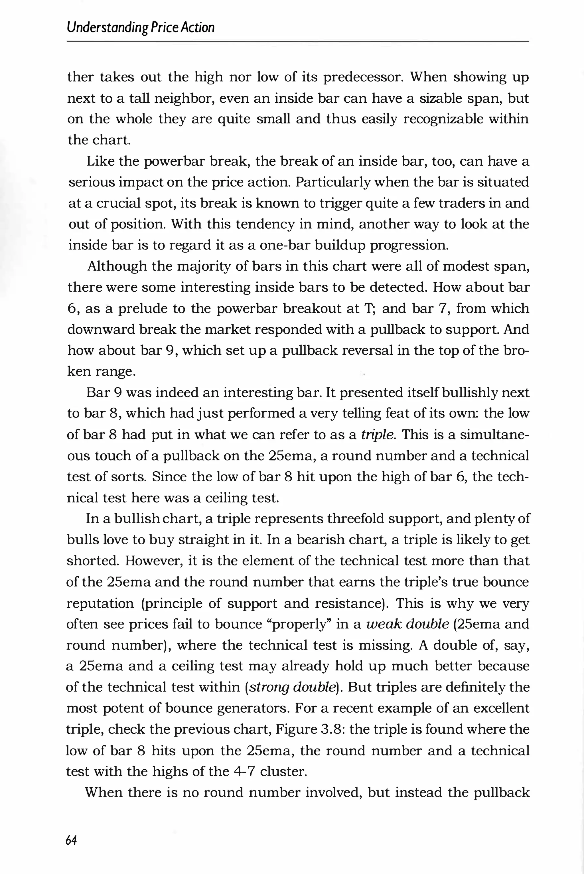 UnderstandingPriceAction
ther takes out the high nor low of its predecessor. When showing up
next to a tall neighbor, even an inside bar can have a sizable span, but
on the whole they are quite small and thus easily recognizable within
the chart.
Like the powerbar break, the break of an inside bar, too, can have a
serious impact on the price action. Particularly when the bar is situated
at a crucial spot, its break is known to trigger quite a few traders in and
out of position. With this tendency in mind, another way to look at the
inside bar is to regard it as a one-bar buildup progression.
Although the majority of bars in this chart were all of modest span,
there were some interesting inside bars to be detected. How about bar
6, as a prelude to the powerbar breakout at T; and bar 7, from which
downward break the market responded with a pullback to support. And
how about bar 9, which set up a pullback reversal in the top of the bro­
ken range.
Bar 9 was indeed an interesting bar. It presented itselfbullishly next
to bar 8, which had just performed a very telling feat of its own: the low
of bar 8 had put in what we can refer to as a triple. This is a simultane­
ous touch of a pullback on the 25ema, a round number and a technical
test of sorts. Since the low of bar 8 hit upon the high of bar 6, the tech­
nical test here was a ceiling test.
In a bullish chart, a triple represents threefold support, and plenty of
bulls love to buy straight in it. In a bearish chart, a triple is likely to get
shorted. However, it is the element of the technical test more than that
of the 25ema and the round number that earns the triple's true bounce
reputation (principle of support and resistance). This is why we very
often see prices fail to bounce "properly" in a weak double (25ema and
round number), where the technical test is missing. A double of, say,
a 25ema and a ceiling test may already hold up much better because
of the technical test within (strong double). But triples are definitely the
most potent of bounce generators. For a recent example of an excellent
triple, check the previous chart, Figure 3.8: the triple is found where the
low of bar 8 hits upon the 25ema, the round number and a technical
test with the highs of the 4-7 cluster.
When there is no round number involved, but instead the pullback
64
 