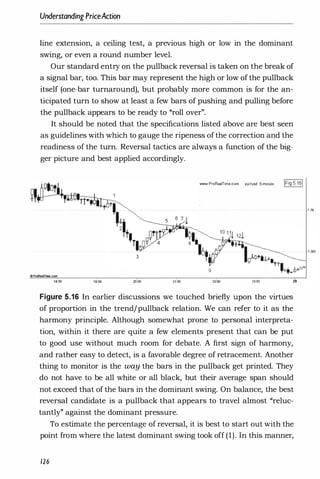Understanding PriceAction
line extension, a ceiling test, a previous high or low in the dominant
swing, or even a round number level.
Our standard entry on the pullback reversal is taken on the break of
a signal bar, too. This bar may represent the high or low of the pullback
itself (one-bar turnaround), but probably more common is for the an­
ticipated turn to show at least a few bars of pushing and pulling before
the pullback appears to be ready to "roll over".
It should be noted that the specifications listed above are best seen
as guidelines with which to gauge the ripeness of the correction and the
readiness of the turn. Reversal tactics are always a function of the big­
ger picture and best applied accordingly.
wwwProRealTime.com eurlusd 5-minute IFig5.161
3
9
18:00 19:00 2<>00 21:00 23:00 29
Figure 5.16 In earlier discussions we touched briefly upon the virtues
of proportion in the trend/pullback relation. We can refer to it as the
harmony principle. Although somewhat prone to personal interpreta­
tion, within it there are quite a few elements present that can be put
to good use without much room for debate. A first sign of harmony,
and rather easy to detect, is a favorable degree of retracement. Another
thing to monitor is the way the bars in the pullback get printed. They
do not have to be all white or all black, but their average span should
not exceed that of the bars in the dominant swing. On balance, the best
reversal candidate is a pullback that appears to travel almost "reluc­
tantly" against the dominant pressure.
To estimate the percentage of reversal, it is best to start out with the
point from where the latest dominant swing took off (1). In this manner,
126
1 .36
 
