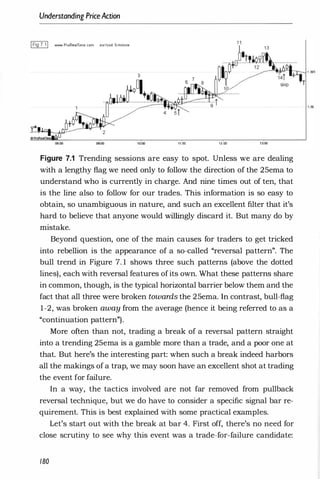 Understanding PriceAction
IFig 7.11 WWW'.ProRealTlme.com eur/usd 5-minute
3
2
'"'00 11:00 12:00
Figure 7.1 Trending sessions are easy to spot. Unless we are dealing
with a lengthy flag we need only to follow the direction of the 25ema to
understand who is currently in charge. And nine times out of ten, that
is the line also to follow for our trades. This information is so easy to
obtain, so unambiguous in nature, and such an excellent filter that it's
hard to believe that anyone would willingly discard it. But many do by
mistake.
Beyond question, one of the main causes for traders to get tricked
into rebellion is the appearance of a so-called "reversal pattern". The
bull trend in Figure 7. 1 shows three such patterns (above the dotted
lines), each with reversal features ofits own. What these patterns share
in common, though, is the typical horizontal barrier below them and the
fact that all three were broken towards the 25ema. In contrast, bull-flag
1-2, was broken away from the average (hence it being referred to as a
"continuation pattern").
More often than not, trading a break of a reversal pattern straight
into a trending 25ema is a gamble more than a trade, and a poor one at
that. But here's the interesting part: when such a break indeed harbors
all the makings of a trap, we may soon have an excellent shot at trading
the event for failure.
In a way, the tactics involved are not far removed from pullback
reversal technique, but we do have to consider a specific signal bar re­
quirement. This is best explained with some practical examples.
Let's start out with the break at bar 4. First off, there's no need for
close scrutiny to see why this event was a trade-for-failure candidate:
180
1 .365
 