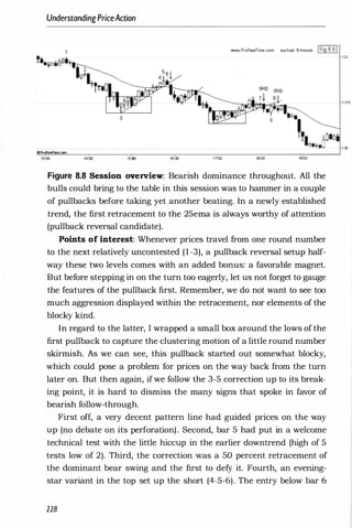 UnderstandingPriceAction
www.ProRealTime.com eur/usd 5-minute IFig 8,81
1�2
-1.315
,6.
111_001:1..
OProRettlTine.com
13:00 14:00 15:00 16:00 17
:00 18:00 1&00
Figure 8.8 Session overview: Bearish dominance throughout. All the
bulls could bring to the table in this session was to hammer in a couple
of pullbacks before taking yet another beating. In a newly established
trend, the first retracement to the 25ema is always worthy of attention
(pullback reversal candidate).
Points of interest: Whenever prices travel from one round number
to the next relatively uncontested (1-3), a pullback reversal setup half­
way these two levels comes with an added bonus: a favorable magnet.
But before stepping in on the turn too eagerly, let us not forget to gauge
the features of the pullback first. Remember, we do not want to see too
much aggression displayed within the retracement, nor elements of the
blocky kind.
In regard to the latter, I wrapped a small box around the lows of the
first pullback to capture the clustering motion of a little round number
skirmish. As we can see, this pullback started out somewhat blocky,
which could pose a problem for prices on the way back from the turn
later on. But then again, ifwe follow the 3-5 correction up to its break­
ing point, it is hard to dismiss the many signs that spoke in favor of
bearish follow-through.
First off, a very decent pattern line had guided prices on the way
up (no debate on its perforation). Second, bar 5 had put in a welcome
technical test with the little hiccup in the earlier downtrend (high of 5
tests low of 2). Third, the correction was a 50 percent retracement of
the tominant bear swing and the first to defy it. Fourth, an evening­
star variant in the top set up the short (4-5-6). The entry below bar 6
228
 