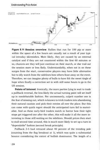 UnderstandingPriceAction
IFig 8.11 'NINW.ProReaITime.com eur/usd 5-minute
oProRe TIne.com
16:00 '20;00 21:00 22:00
Figure 8.11 Session overview: Rallies that run for 100 pip or more
within the space of a few hours are usually not a result of your typi­
cal intraday skirmishes. More likely, they are caused by an external
catalyst and if they are not countered within the first 60 minutes or
so, chances are they will just continue on their march, or else trail out
the session more or less flatly. Understandably, when not in on these
surges from the start, conservative players may have little alternative
but to idly watch from the sidelines how others feast away on the event.
Therefore, we can imagine plenty of bulls to have felt the sweet tingle of
hope when finally a correction set in with still some hours to go in the
US session.
Points of interest: Ironically, the more parties lying in wait to trade
a pullback reversal, the less likely the actual turning point will set itself
up in nondebatable fashion. Not uncommonly, CUlprit number one is
the fear ofmissing out, which is known to trick traders .into abandoning
their natural caution and pick their entries all over the place. But this
can come with quick regret should the anticipated turn fail to materi­
alize. And as these early-bird traders watch in horror how their tight
stops get triggered one after the other, this will make it all the more in­
teresting to those still waiting on the sidelines. Should prices then start
to stall second time around, this is much more likely to set up a turn in
"dependable" fashion (second break principle).
Pullback 3-5 had retraced about 40 percent of the trending pole
(counting from the flag breakout at 1), which was quite a substantial
bounce considering the extent of bullish dominance. The length of a
234
1 31
1 .305
1.3
 