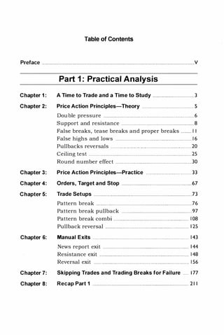 Table of Contents
Preface . . . . . . . . . . . . . . . . . . . . . . . . . . .... . . . . . . . . . . . . . . . .. . . . . . . . . .. . . . . . . . . . . . .... . . . . . . . . .. . . . . . . . . . ... ... . . . . . . . . . . . . . . . . . . . . . . . . . . . . . . . . .V
Part 1: Practical Analysis
Chapter 1 : A Time to Trade and a Time to Study . . . . . . . . . . . . . . . . . . .. . . . . .. . . . . . .. . . 3
Chapter 2: Price Action Principles-Theory . . . . . . . . . . . . . .. . . . . . . . . . . . . . . . . . . . . . . . . . . . . . 5
Double pressure . . . . . . . . . . . . . . . . . . . . . . . . . . . . . . . . . . .. . . . . . . . . . . . . . . . . .. . . . . . . . . . . . . . . . . . . . . . . . 6
Support and resistance . . . . . .. . . . . . . . . . . . . . . . . . . .. . .. . .. . .. . . . . . . . . . . . . . . . . . . . . . . . .. . 8
False breaks, tease breaks and proper breaks . . . . . . . . . I I
False highs and lows . . . . . . . . . . . . . . . . . . . . . .. . . . . .. . . . . . . . . . . . . . . . . . . . . . . . . . . . .. . . . . . . . I 6
Pullbacks reversals . . . . . . . . . .. . . . . . . . . .. . . . . . . . . . . . . . . .. . . . . . . . . . . . . . . . . . . . . . . . . .. . .. . ..20
Ceiling test . . . . . . . . . . . . . . . . . . . . . . . . . . . . . . . . . . . . . . . . . . . . . . . . . . . . . . . . . .. . .. . . . . . . . . . . . . . . . . . . . .. . .. . .25
Round number effect . .. . .. . . . . . . . .. . . . . . . . . . . . . . . . . . . . . . . . . . . . . .. . . . . . . . . . .. . . . . . . . ..30
Chapter 3: Price Action Principles-Practice . . . . . . . . . . . . . . . . . . . . . . . . . .. . . . . . . . . . . .. 33
Chapter 4: Orders, Target and Stop . . . . . . . . . . . . . . . . . . . . . . . . . . . . . . .. . . . . . . .. . . . . . . . . . . .. . . . . . . . . 67
Chapter 5: Trade Setups . . . . . . . . . . . . . . . . . . . . . . . . . . . . . . . . .. . . . . . . . . ... . . . ... . . . . . . . . . . . . . . . . . . . . . . . . . . . .. . . . .73
Pattern break . . . . . . . .. . . . . . . . . . . . .. . .. . . . . . . . . . . . . . . . . . . . . . . . . . . . . . . . . . . . . . . . . . ... . . . . . . . . . . . . .76
Pattern break pullback . . . . . . . . . . . . . . . . . . . . . . . . . . . . . . . . . . .. . . . . . . . . . . . . . . . . . . . . . . . . 97
Pattern break combi . . . . . . . . . . . . . . . . . . . . . . . . . . . . . . . . . . . . . . . . . . . . . .. . . . . . . . . . . . . . . . . . 108
Pullback reversal . . . . . . . . . . . . . . . . . . . . . . . . . . . . . . .. . . . . . . . . . . . . . . . . . . . . . . . . .. . . . . . . . . . 125
Chapter 6: Manual Exits . . . . . . . . . . . . . . . . . . .. .... . . . . . . . .. . .. . . . . . . . . . . . . . . . . . .. . . ... . . . . . . . . . . . . . . . . . 143
News report exit . . . .. . . . . . .. . .. . .. . . . . . ... . . . . . . . . . . . . . . . . . . . . . . . . . . . . . . . . . . . . .. . . . . . . . . 144
Resistance exit . . . . . . . . . . . . . . . . . . . . . . . . . . . . . . . . . . . . . . . .. . . . . . . . . . . . . . . . . . . . .. . . . . . . . .. . . . .. 148
Reversal exit . . . . . . . . . . . . . . . . . . . . . .. . .. .. . .. . . . . . . . . ... . . . . . . . . . . . . . . . . . . . . . . . . .. . . . . . . . . . 156
Chapter 7: Skipping Trades and Trading Breaks for Failure . .. . . 177
Chapter 8: Recap Part 1 . . . .. . . . .. . . . . . . . . . . . . . . . . . . . . . . . .. . . . . . . . . .. . . . . . . . . . . . . . . . . . . . . . . .. . . . . . . . . . . . . . 211
 