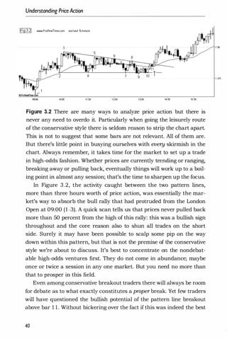 Understanding PriceAction
IFig3.21 'WWW.ProRe.ffime.com eur/usd 5-minute
3
10:00 11:00 1200 1�00 14:00 15:00
Figure 3.2 There are many ways to analyze price action but there is
never any need to overdo it. Particularly when going the leisurely route
of the conservative style there is seldom reason to strip the chart apart.
This is not to suggest that some bars are not relevant. All of them are.
But there's little point in busying ourselves with every skirmish in the
chart. Always remember, it takes time for the market to set up a trade
in high-odds fashion. Whether prices are currently trending or ranging,
breaking away or pulling back, eventually things will work up to a boil­
ing point in almost any session; that's the time to sharpen up the focus.
In Figure 3.2, the activity caught between the two pattern lines,
more than three hours worth of price action, was essentially the mar­
ket's way to absorb the bull rally that had protruded from the London
Open at 09:00 (1-3). A quick scan tells us that prices never pulled back
more than 50 percent from the high of this rally: this was a bullish sign
throughout and the core reason also to shun all trades on the short
side. Surely it may have been possible to scalp some pip on the way
down within this pattern, but that is not the premise of the conservative
style we're about to discuss. It's best to concentrate on the nondebat­
able high-odds ventures first. They do not come in abundance; maybe
once or twice a session in any one market. But you need no more than
that to prosper in this field.
Even among conservative breakout traders there will always be room
for debate as to what exactly constitutes a proper break. Yet few traders
will have questioned the bullish potential of the pattern line breakout
above bar 1 1 . Without bickering over the fact if this was indeed the best
40
1 375
 