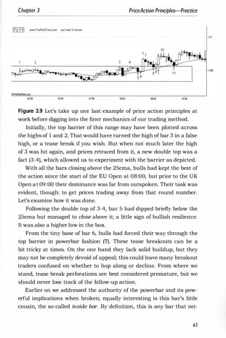 Chapter 3 PriceAction Principles-Practice
IFig 3.91 W!'oW.ProRealTime.com eur/usd 5-minute
06:00 07:00 08:00 oaoo
Figure 3.9 Let's take up one last example of price action principles at
work before digging into the finer mechanics of our trading method.
Initially, the top barrier of this range may have been plotted across
the highs of 1 and 2. That would have turned the high of bar 3 in a false
high, or a tease break if you wish. But when not much later the high
of 3 was hit again, and prices retraced from it, a new double top was a
fact (3-4), which allowed us to experiment with the barrier as depicted.
With all the bars closing above the 25ema, bulls had kept the best of
the action since the start of the EU Open at 08:00, but prior to the UK
Open at 09:00 their dominance was far from outspoken. Their task was
evident, though: to get prices trading away from that round number.
Let's examine how it was done.
Following the double top of 3-4, bar 5 had dipped briefly below the
25ema but managed to close above it; a little sign of bullish resilience.
It was also a higher low in the box.
From the tiny base of bar 6, bulls had forced their way through the
top barrier in powerbar fashion (T). These tease breakouts can be a
bit tricky at times. On the one hand they lack solid buildup, but they
may not be completely devoid of appeal; this could leave many breakout
traders confused on whether to hop along or decline. From where we
stand, tease break perforations are best considered premature, but we
should never lose track of the follow-up action.
Earlier on we addressed the authority of the powerbar and its pow­
erful implications when broken; equally interesting is this bar's little
cousin, the so-called inside bar. By definition, this is any bar that nei-
63
1 17
 