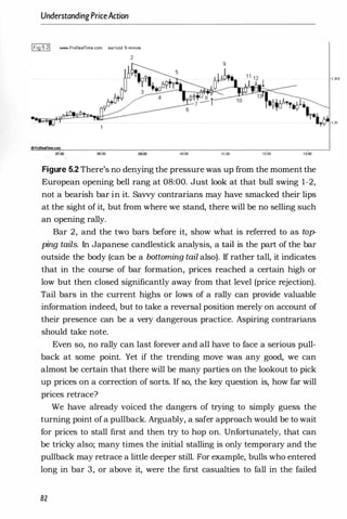UnderstandingPriceAction
IFig 5.21 'tIiIINI.ProReamme.com eur/usd 5·minU1e
2
....
08:00 moo '0:00 11:00 12;00
Figure 5.2 There's no denying the pressure was up from the moment the
European opening bell rang at 08:00. Just look at that bull swing 1-2,
not a bearish bar in it. Savvy contrarians may have smacked their lips
at the sight of it, but from where we stand, there will be no selling such
an opening rally.
Bar 2, and the two bars before it, show what is referred to as top­
ping tails. In Japanese candlestick analysis, a tail is the part of the bar
outside the body (can be a bottoming tail also). If rather tall, it indicates
that in the course of bar formation, prices reached a certain high or
low but then closed significantly away from that level (price rejection).
Tail bars in the current highs or lows of a rally can provide valuable
information indeed, but to take a reversal position merely on account of
their presence can be a very dangerous practice. Aspiring contrarians
should take note.
Even so, no rally can last forever and all have to face a serious pull­
back at some point. Yet if the trending move was any good, we can
almost be certain that there will be many parties on the lookout to pick
up prices on a correction of sorts. If so, the key question is, how far will
prices retrace?
We have already voiced the dangers of trying to simply guess the
turning point ofa pullback. Arguably, a safer approach would be to wait
for prices to stall first and then try to hop on. Unfortunately, that can
be tricky also; many times the initial stalling is only temporary and the
pullback may retrace a little deeper still. For example, bulls who entered
long in bar 3, or above it, were the first casualties to fall in the failed
82
 