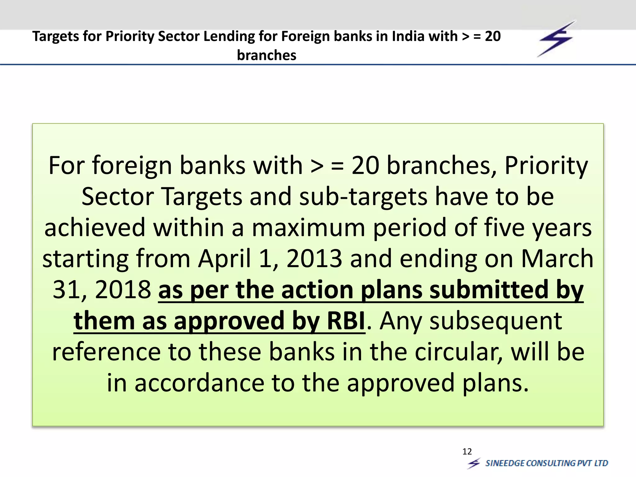 Targets for Priority Sector Lending for Foreign banks in India with > = 20 
For foreign banks with > = 20 branches, Priority 
Sector Targets and sub-targets have to be 
achieved within a maximum period of five years 
starting from April 1, 2013 and ending on March 
31, 2018 as per the action plans submitted by 
them as approved by RBI. Any subsequent 
reference to these banks in the circular, will be 
in accordance to the approved plans. 
12 
branches 
 