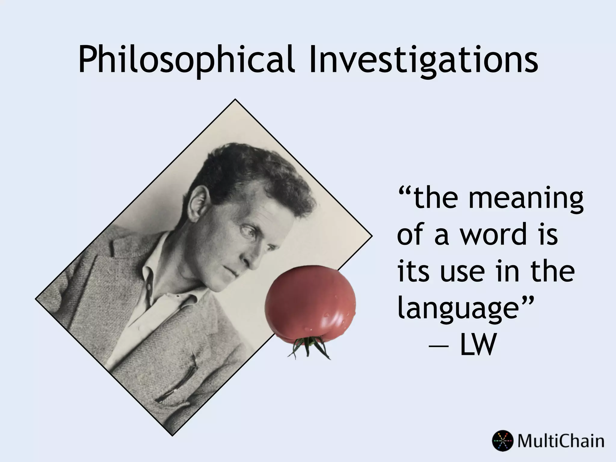 Philosophical Investigations
“the meaning
of a word is
its use in the
language”
— LW
 